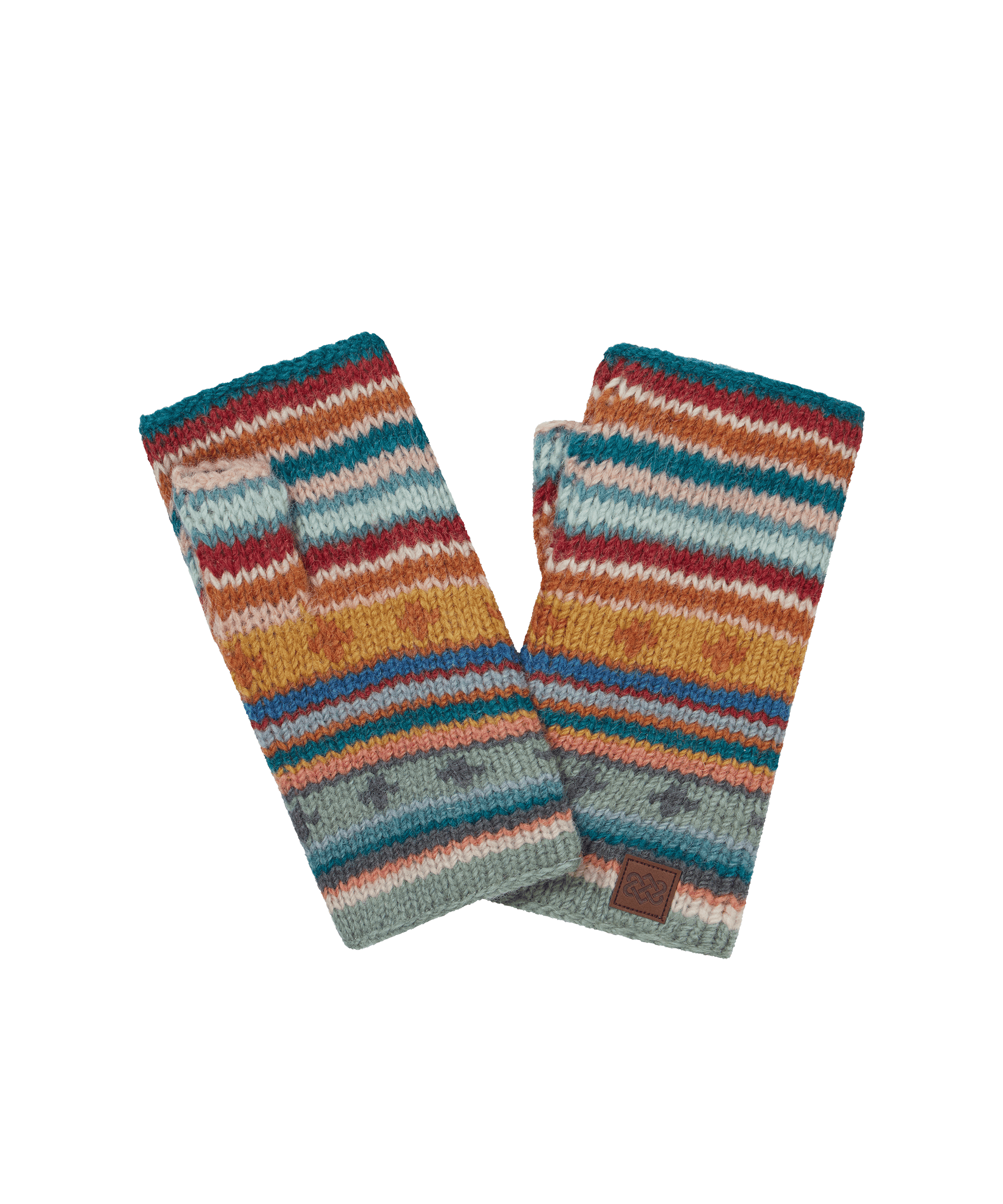 Front view of a pair of unisex Sherpa Adventure Gear knit wrist warmers in teal, orange, and cream stripes. Features a fingerless silhouette, colorful geometric detailing, and soft knit construction for lightweight warmth.