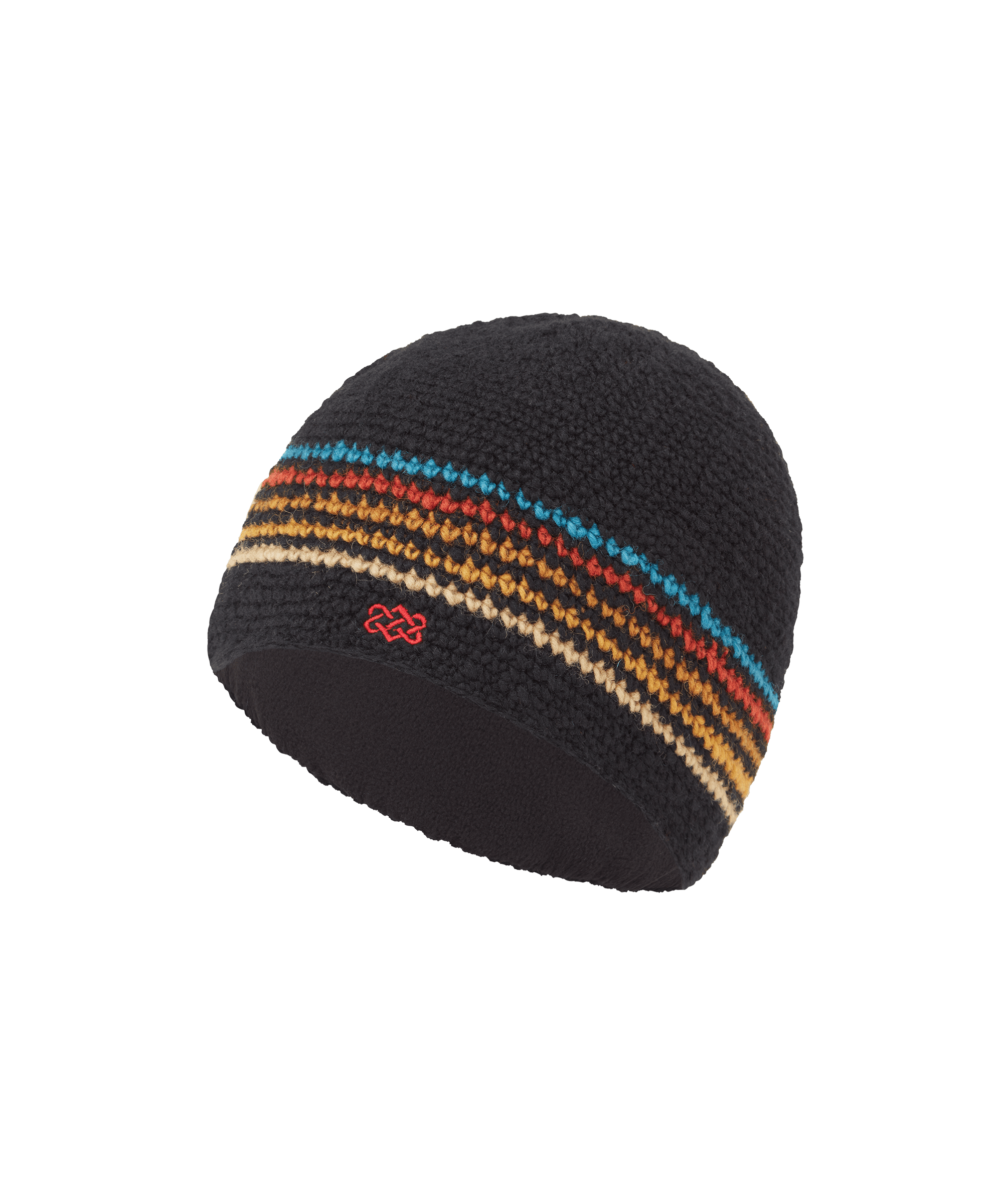 Front angled view of a unisex Sherpa Adventure Gear knit beanie in black with multicolor horizontal stripe detailing. Features a ribbed knit construction, fold-over cuff, and a streamlined design suitable for everyday cold-weather use.
