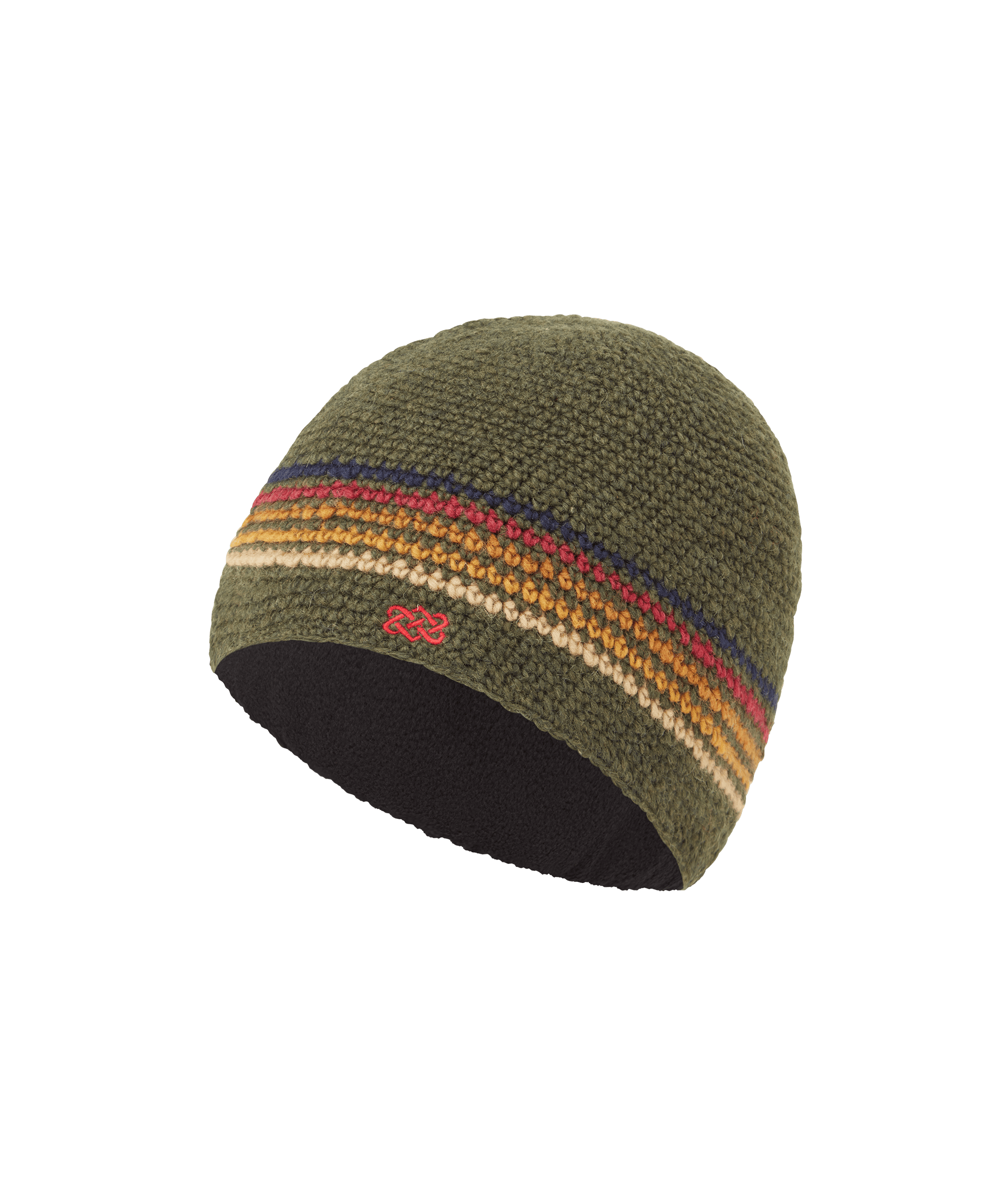 Front angled view of a unisex Sherpa Adventure Gear knit beanie in olive green with colorful striped accents. Features a ribbed cuff, soft knit fabric, and a classic outdoor-inspired look.