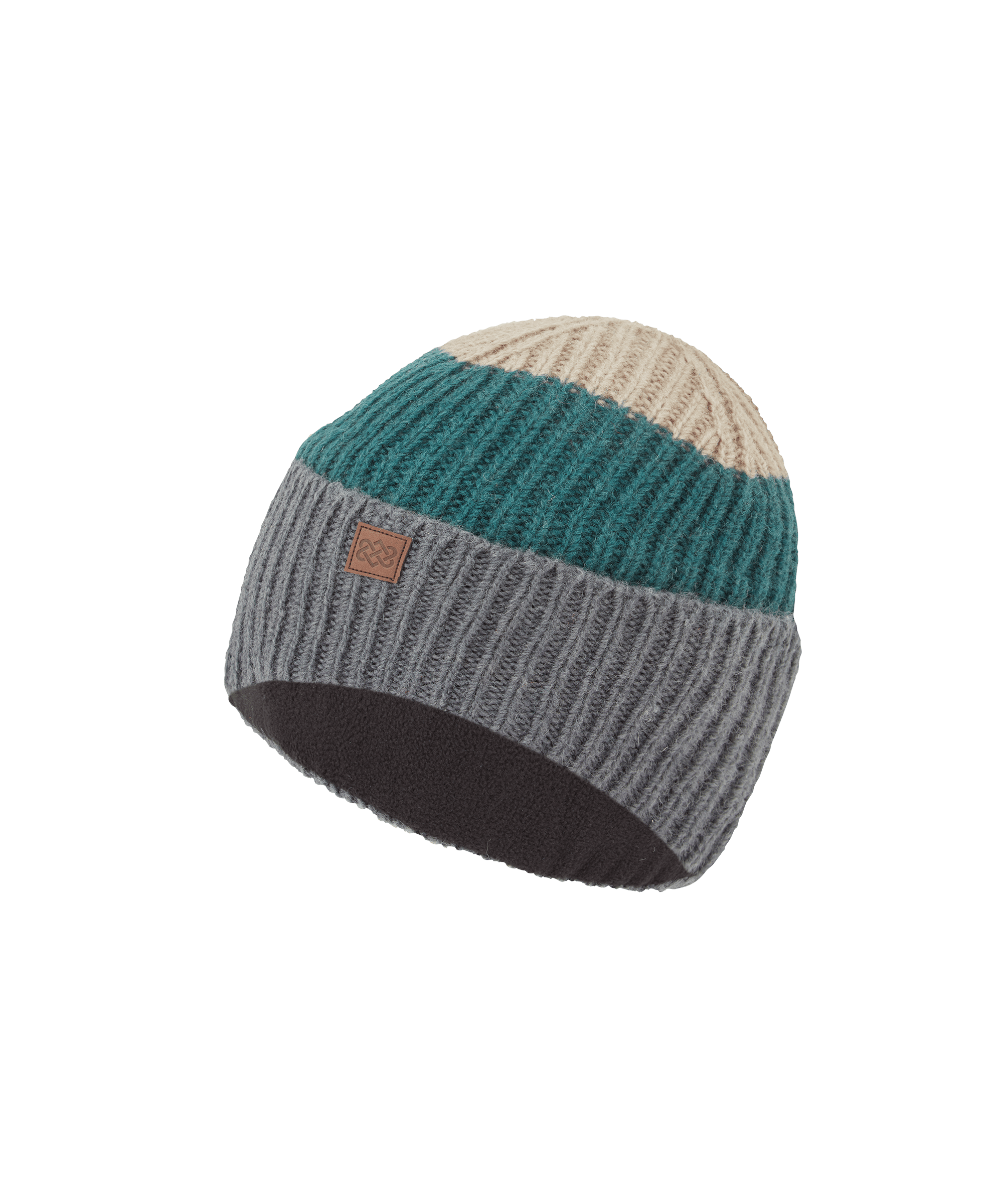 Front angled view of a unisex Sherpa Adventure Gear color-block knit beanie in grey, teal, and cream. Features a ribbed cuff, soft knit construction, and a modern color-block design for versatile winter styling.