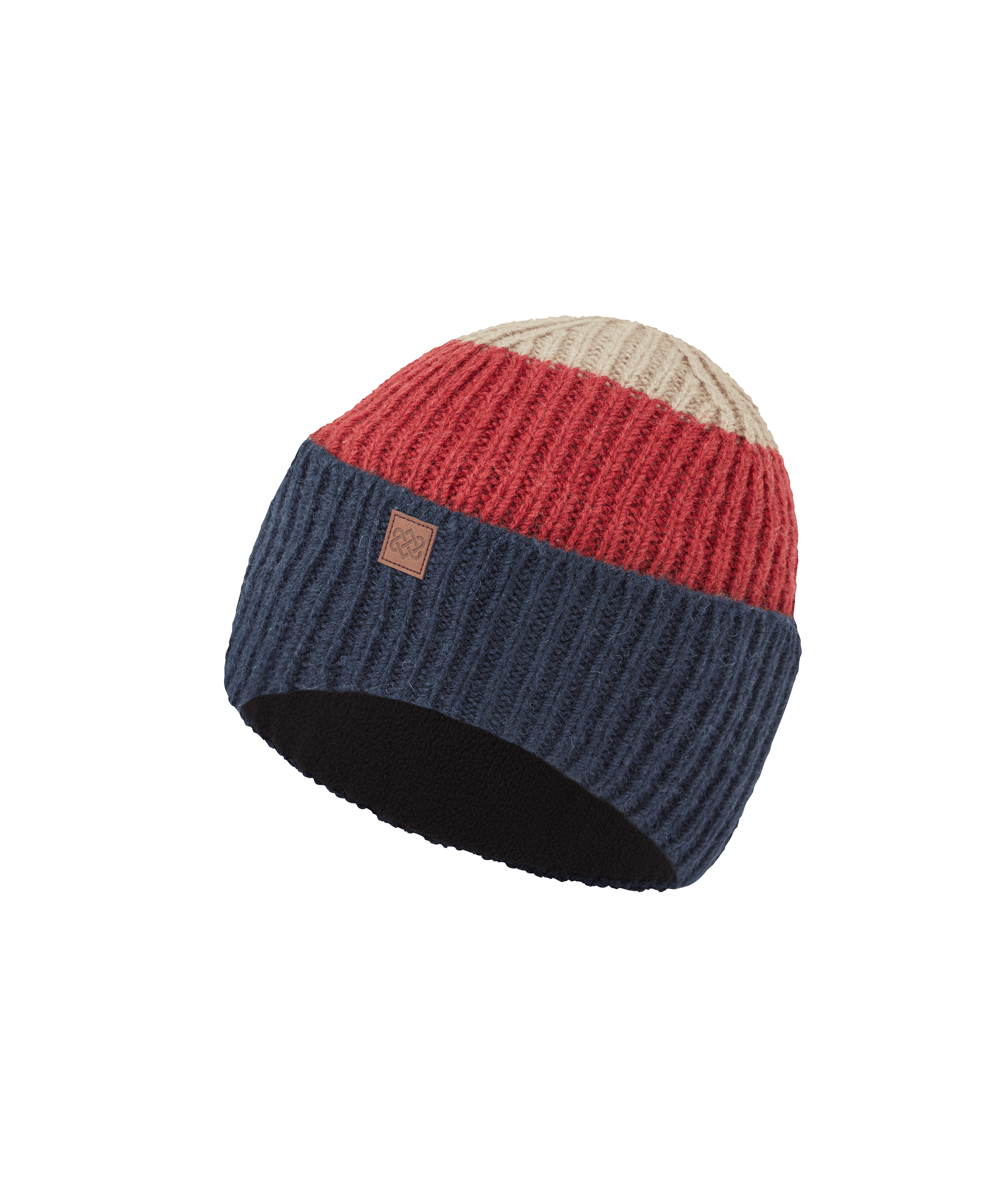 Front angled view of a unisex Sherpa Adventure Gear color-block knit beanie in navy blue and red. Features a ribbed cuff, soft knit fabric, and a bold two-tone design that provides warmth and visual appeal.
