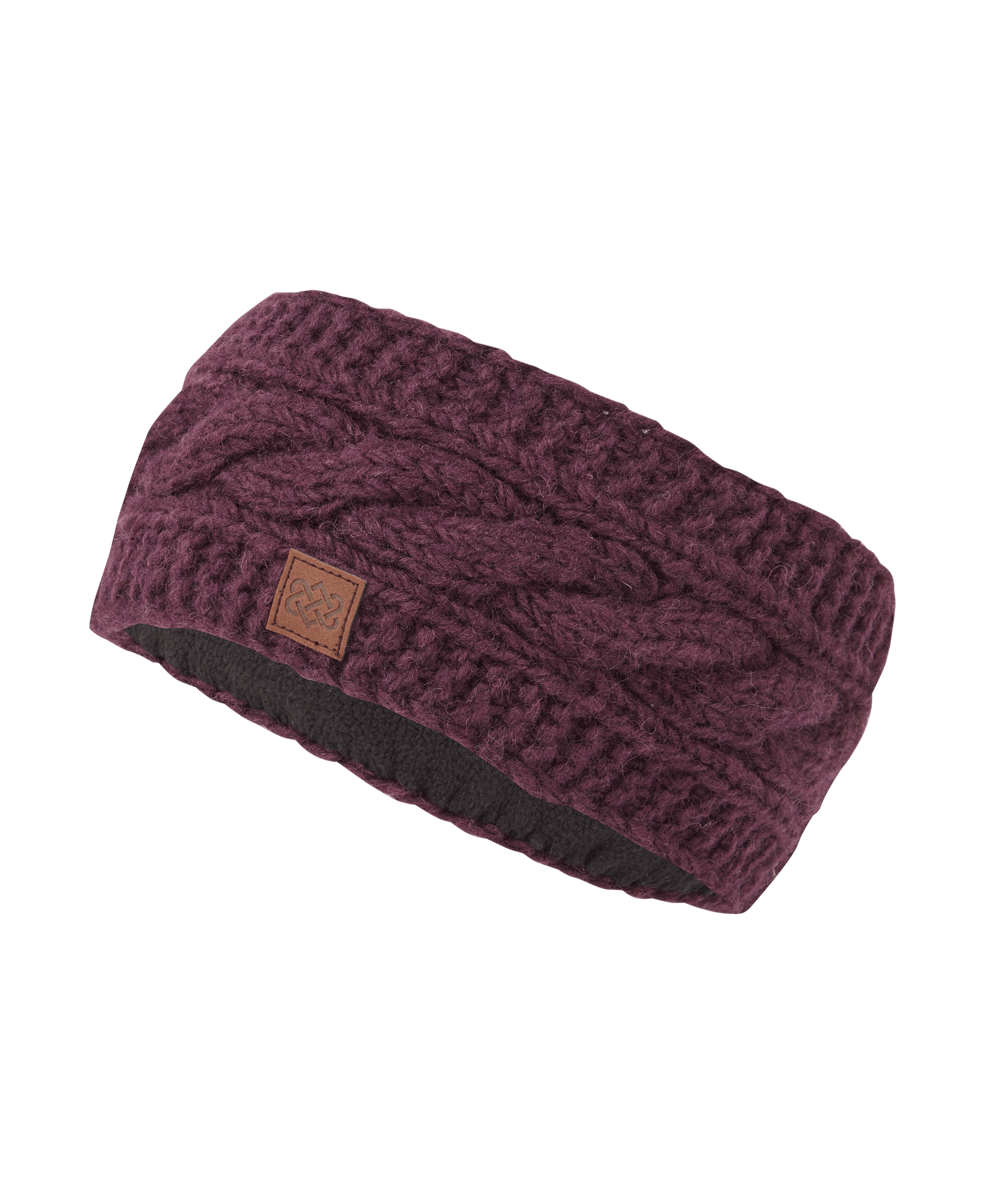 Front angled view of a unisex Sherpa Adventure Gear cable-knit headband in deep burgundy. Features a textured braided knit pattern, soft stretch construction, and a wide silhouette designed to keep ears warm while maintaining a comfortable fit.