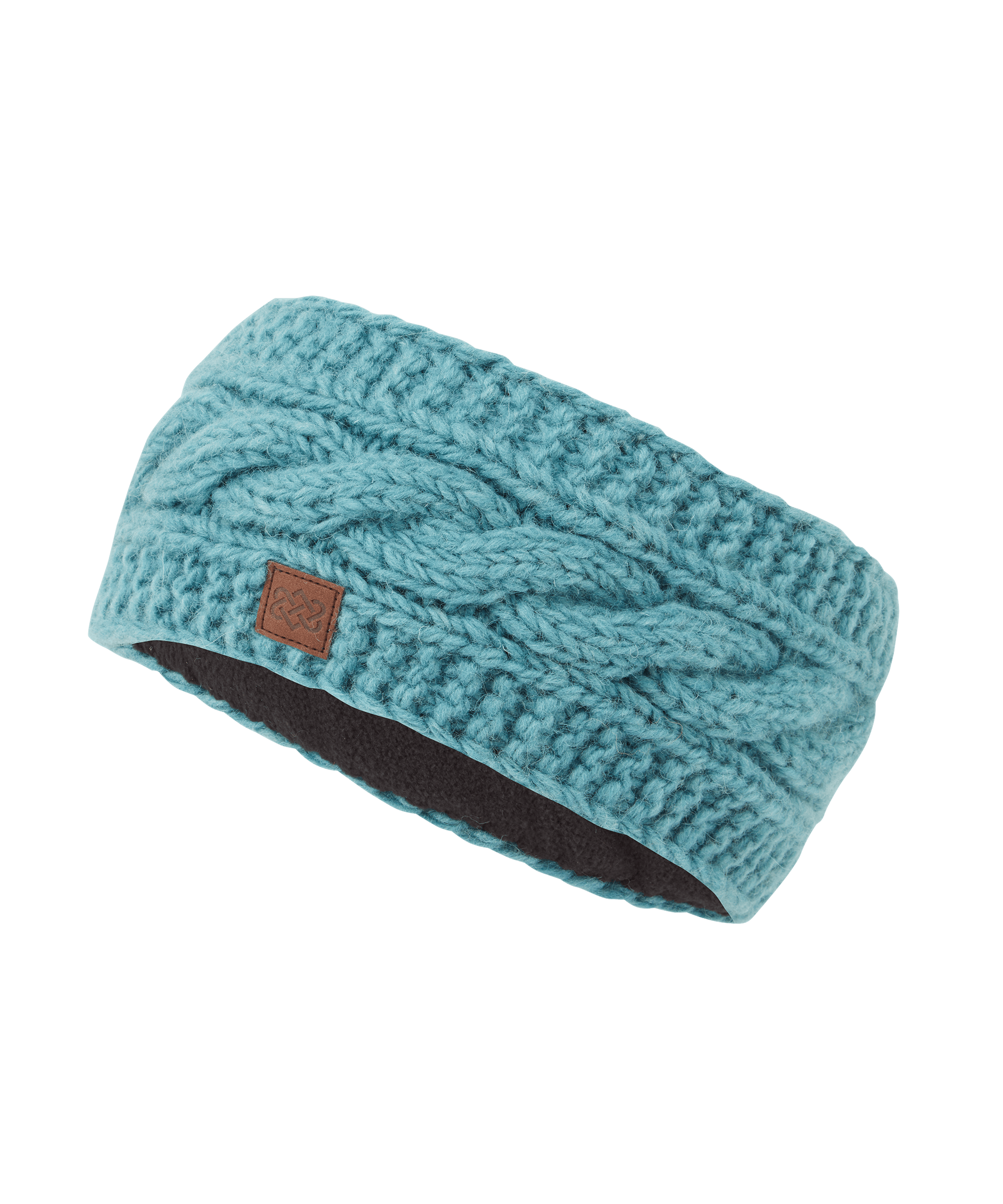 Front angled view of a unisex Sherpa Adventure Gear cable-knit headband in light teal. Features an intricate cable-knit texture, soft stretch fabric, and a wide design that offers warmth and comfort during cool-weather activities.