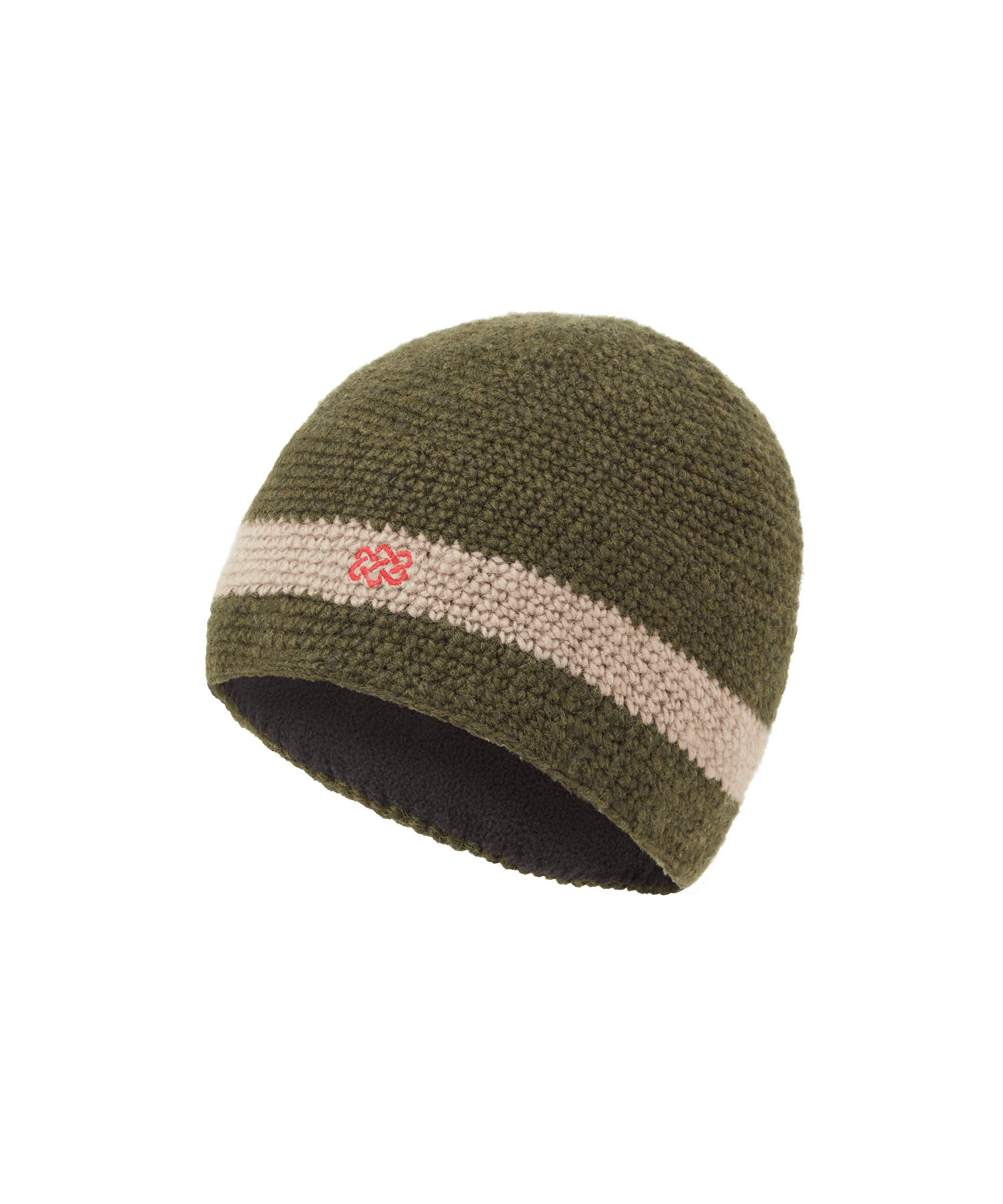 Front view of a Sherpa Adventure Gear unisex knit beanie in olive green with a cream stripe detail. Features a fine knit construction, cuffless silhouette, and timeless winter appeal.