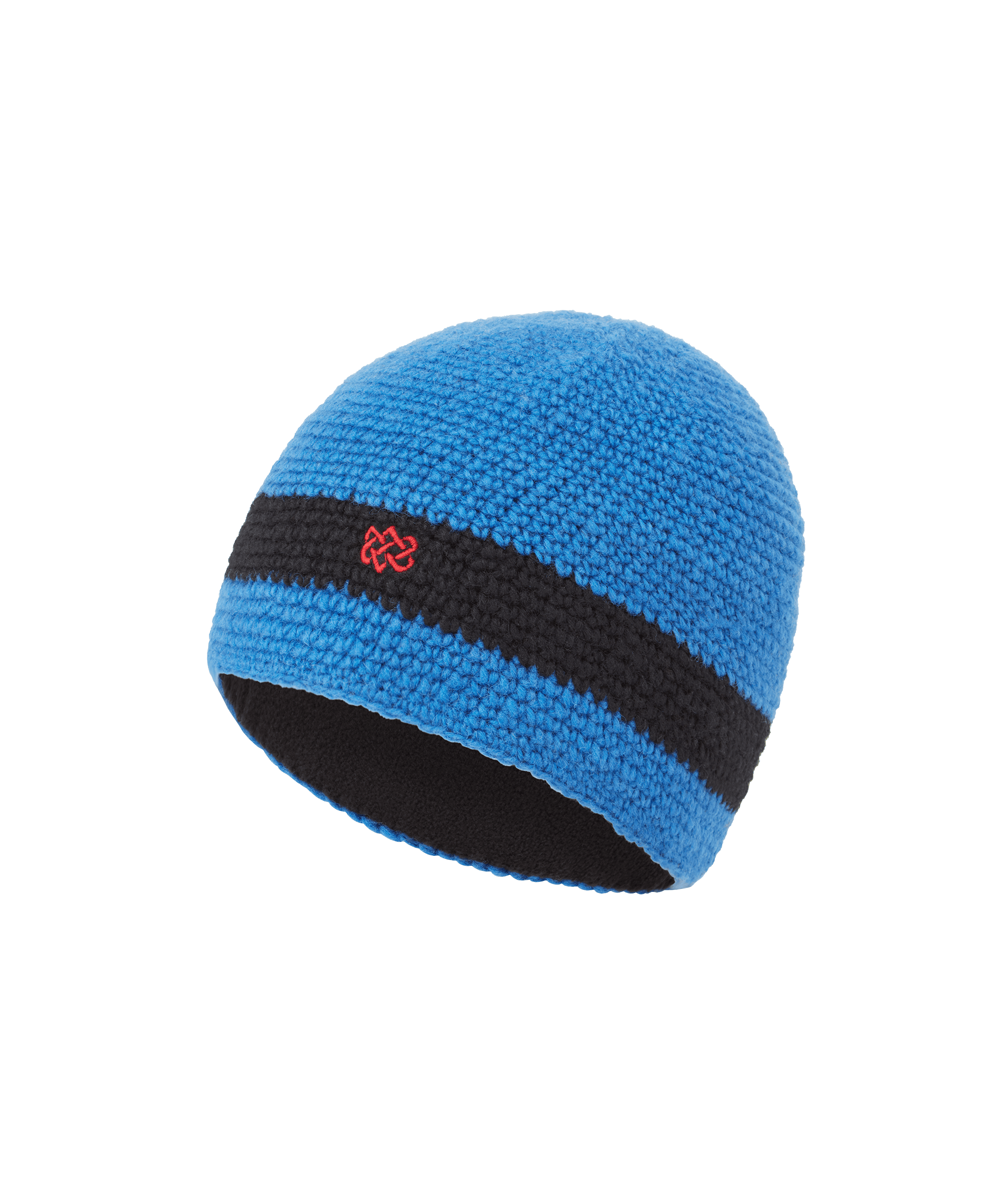 Front view of Sherpa Adventure Gear unisex knit beanie in bright blue with a black stripe detail.