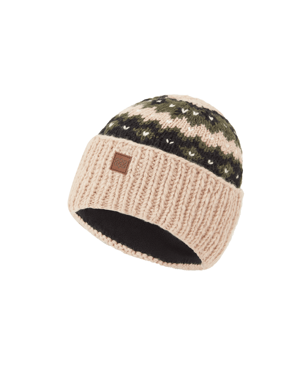 Sherpa Adventure Gear unisex knit beanie in beige with a contrasting Nordic-inspired pattern band.