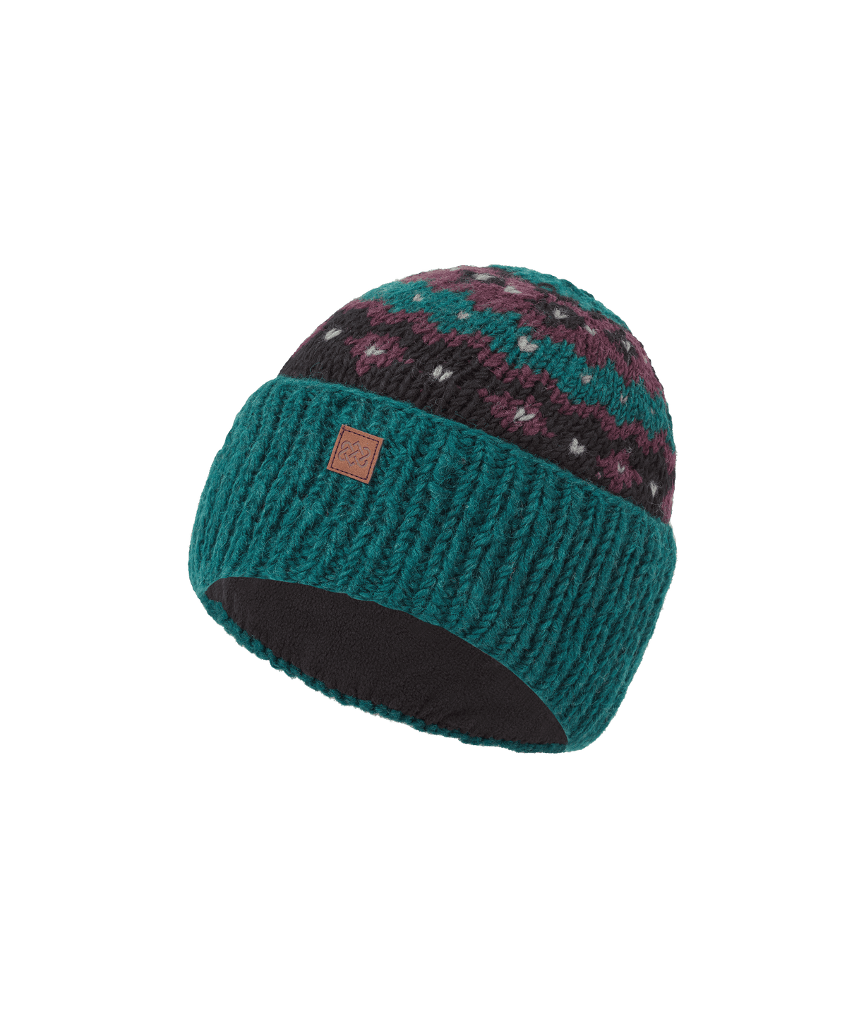 Sherpa Adventure Gear unisex knit beanie in teal green with a contrasting patterned crown.