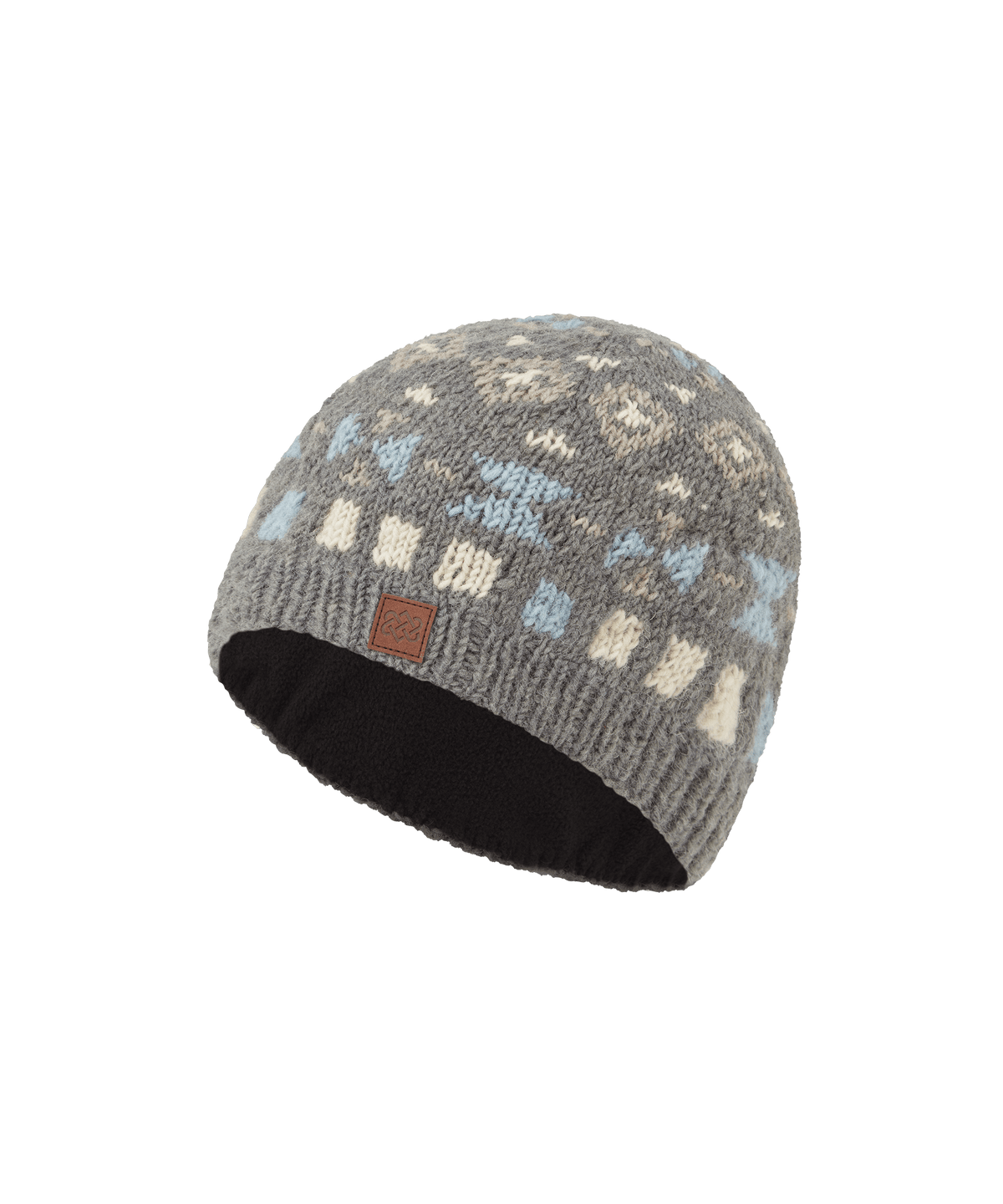 Front view of Sherpa Adventure Gear unisex knit beanie in grey with an allover geometric pattern.