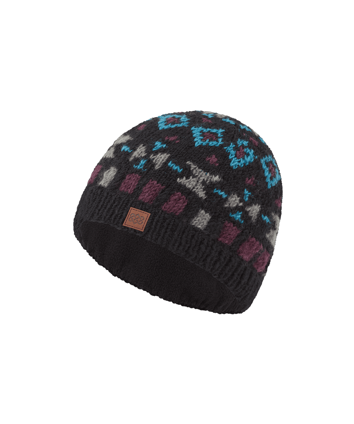Sherpa Adventure Gear unisex knit beanie in black with a multicolor geometric pattern.