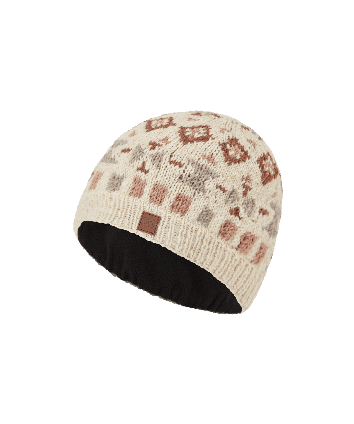Front view of Sherpa Adventure Gear unisex knit beanie in cream with a tonal geometric pattern.