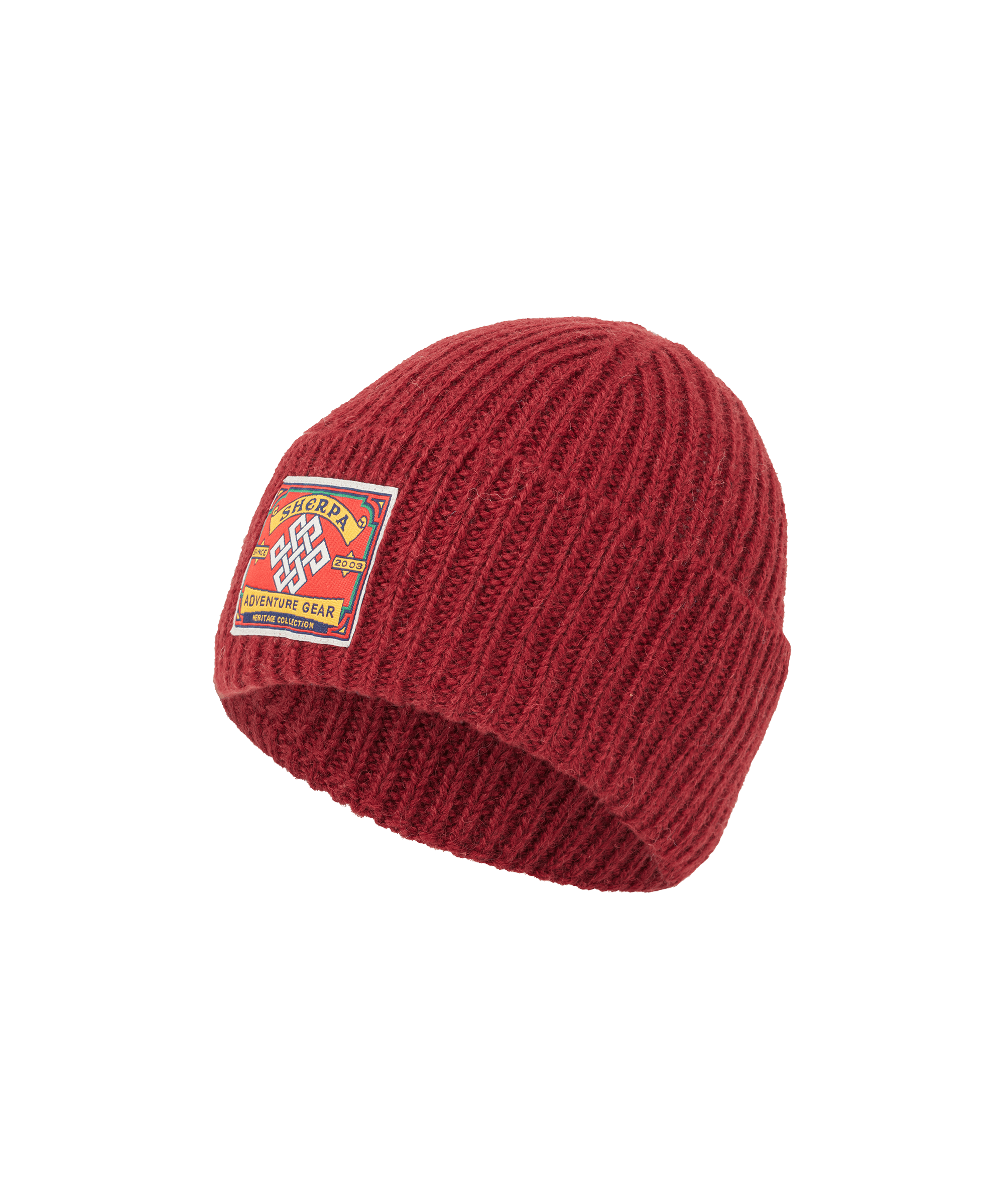 Front view of a Sherpa Adventure Gear unisex rib-knit beanie in deep red. Features a folded cuff, chunky knit construction, signature logo patch, and cozy winter comfort.