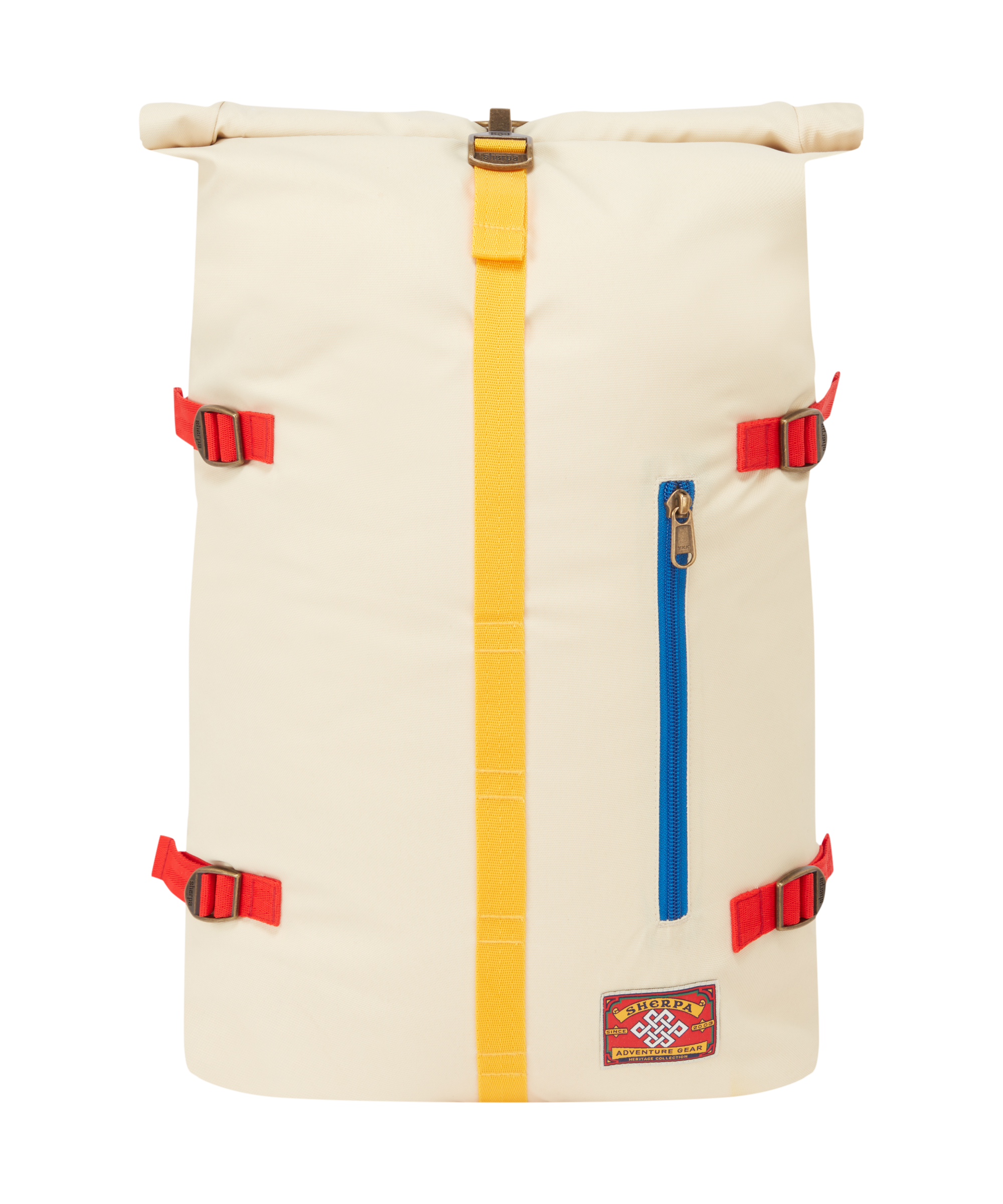 Cream roll top backpack with colorful buckles and zips on a white background. A small, red mountaineering patch is stitched to the bottom right of the bag.