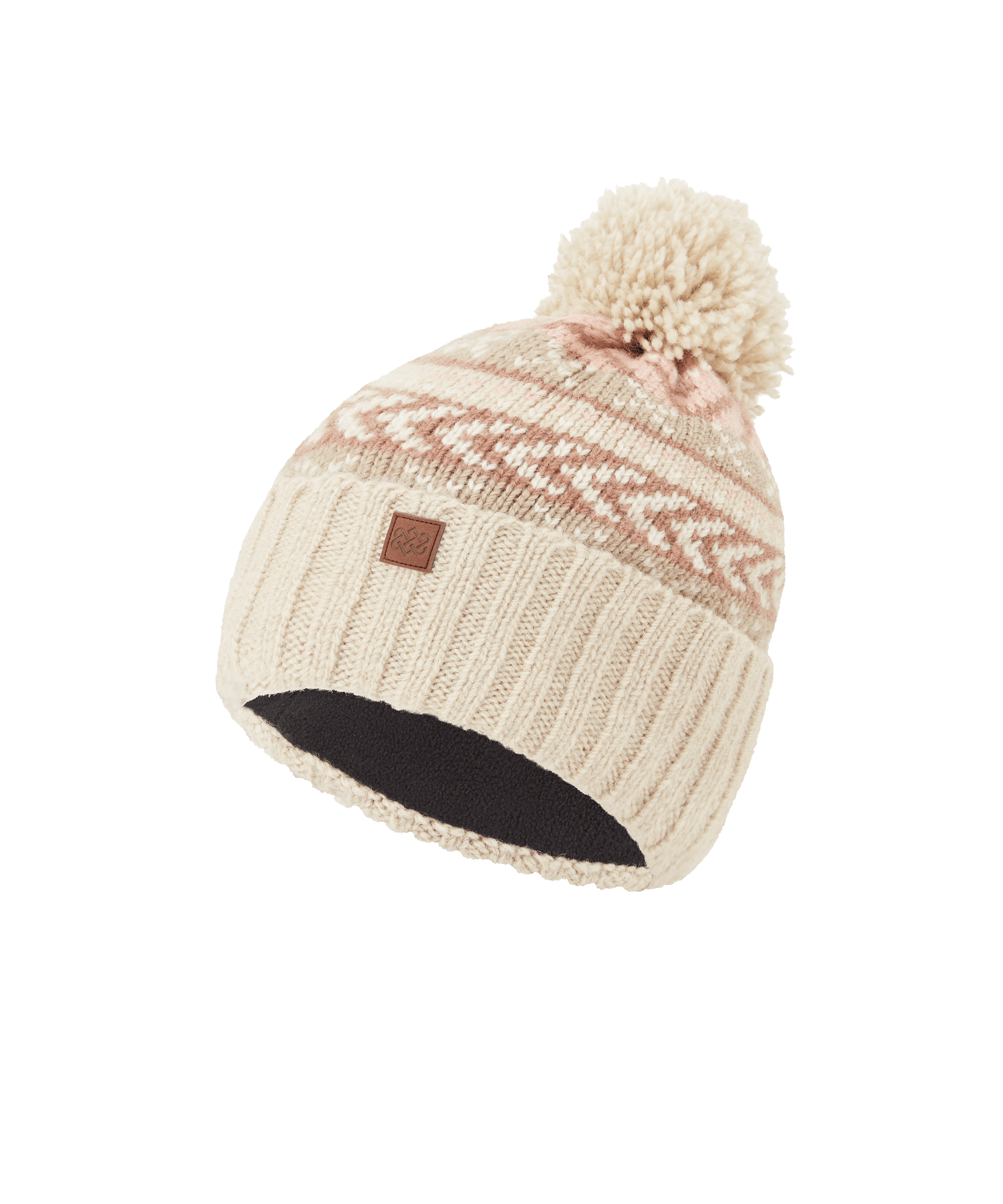 Front view of a Sherpa Adventure Gear unisex patterned knit beanie in cream with a tonal geometric motif and pom-pom top. Features a ribbed cuff, soft knit construction, and heritage-inspired winter styling.