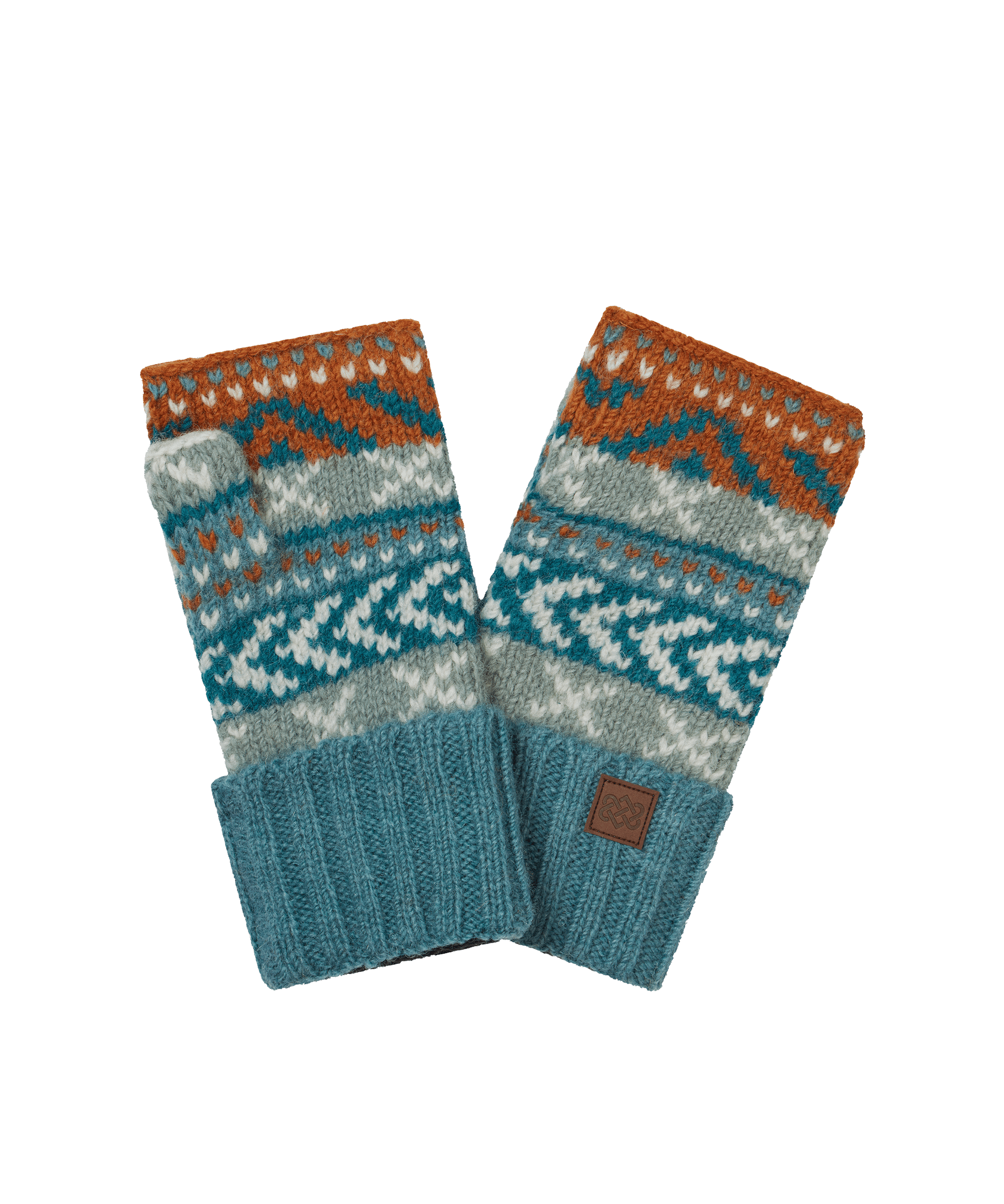 Front view of a pair of Sherpa Adventure Gear knit wrist warmers in teal with a contrasting geometric pattern. Features a fingerless design, ribbed cuffs, and soft knit construction for lightweight warmth and mobility.