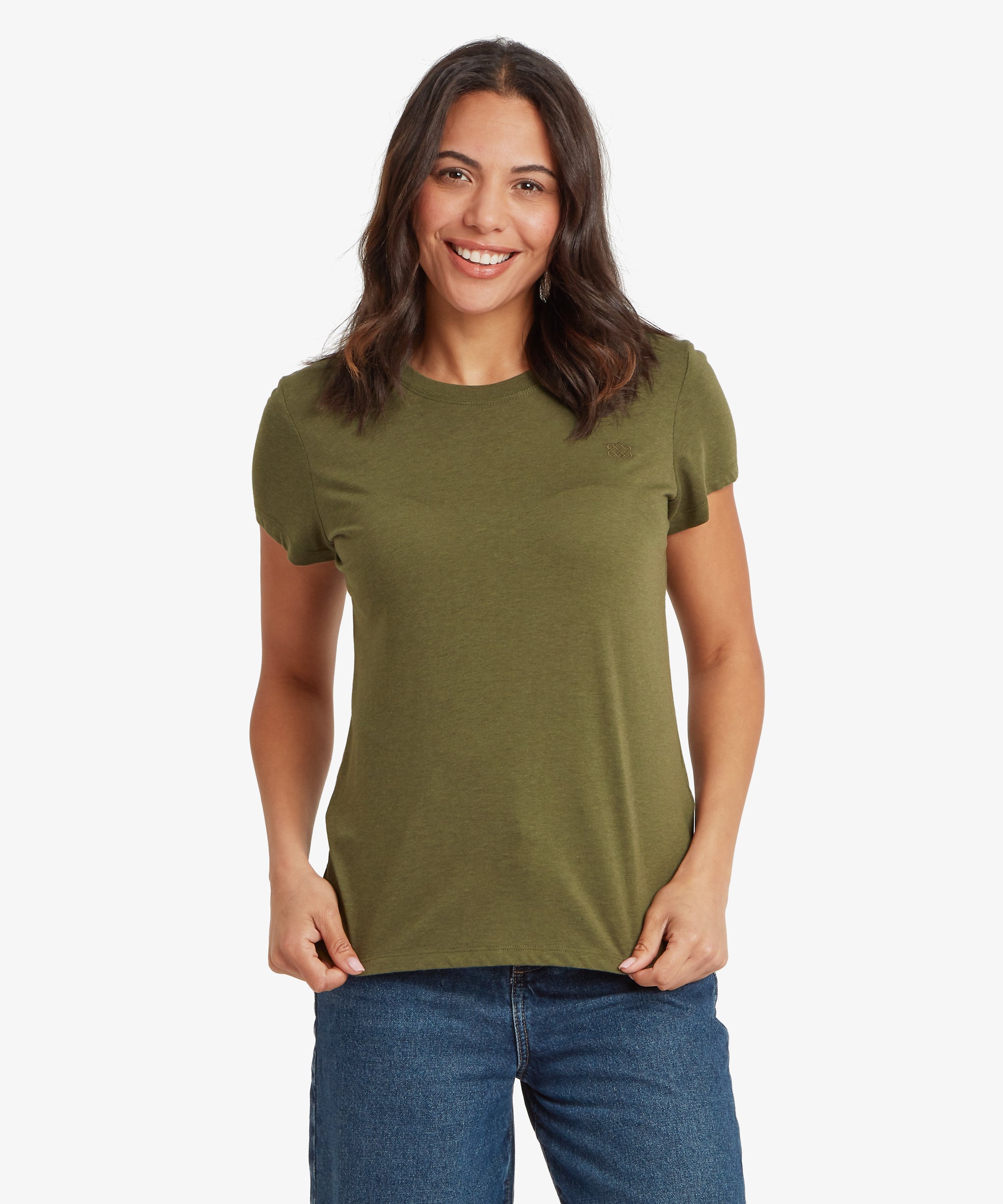 Front view of an olive green women’s short‑sleeve crew‑neck T‑shirt paired with mid‑wash denim jeans. The T‑shirt features a smooth lightweight fabric, relaxed everyday fit, and a hip‑length hem, showing the natural drape across the torso and sleeves.