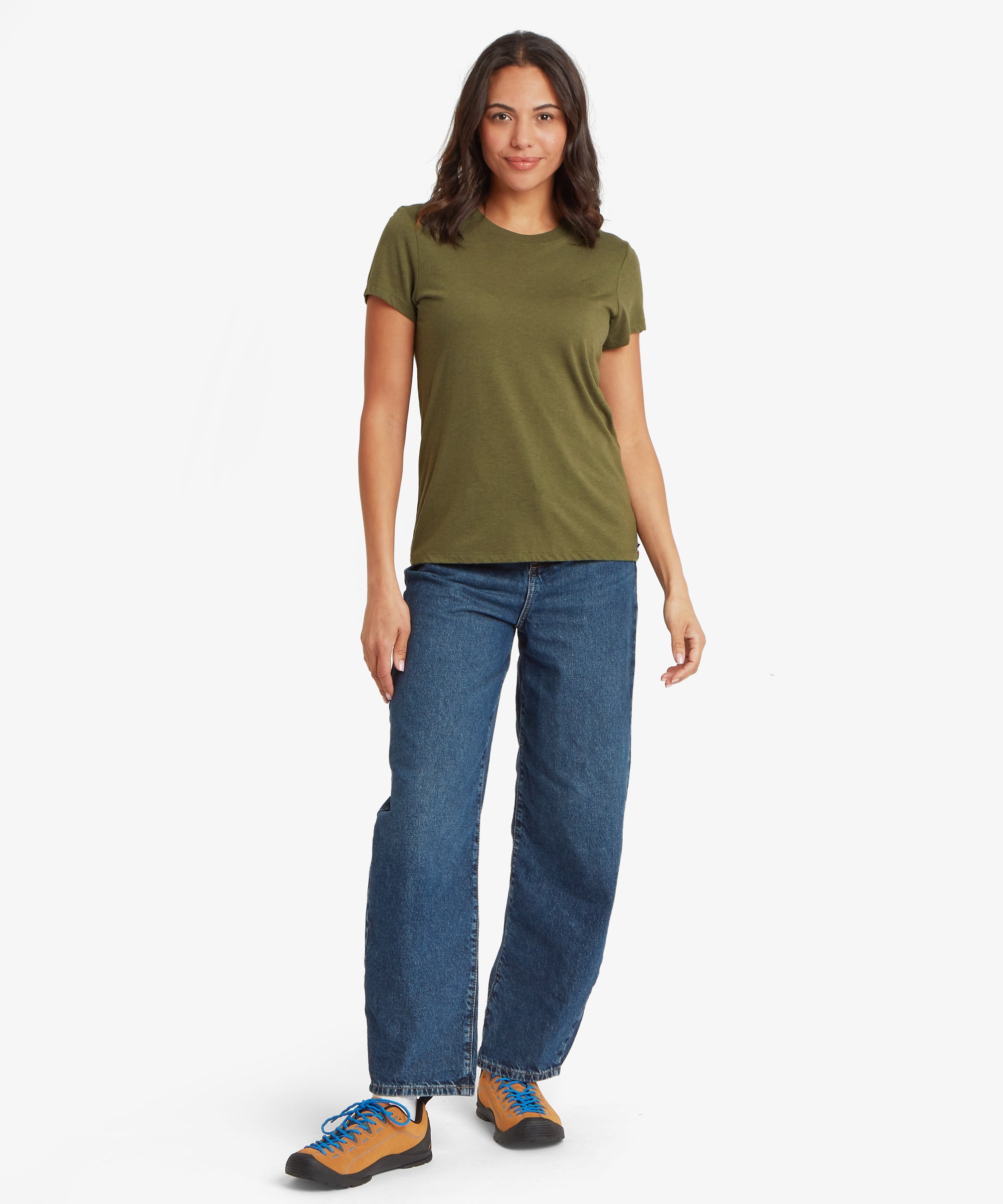 Front view of an olive green women’s short‑sleeve crew‑neck T‑shirt paired with mid‑wash denim jeans. The T‑shirt features a smooth lightweight fabric, relaxed everyday fit, and a hip‑length hem, showing the natural drape across the torso and sleeves.