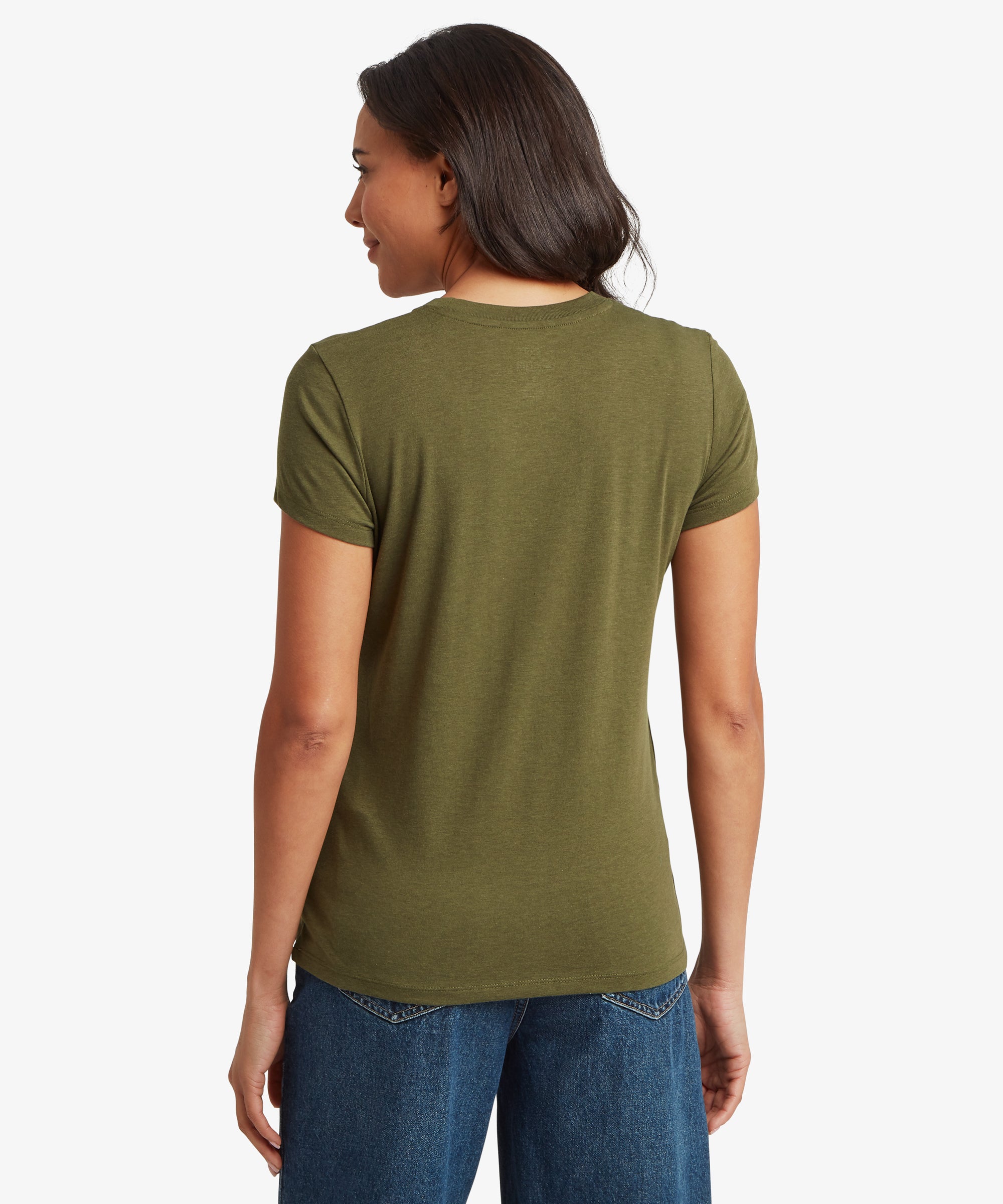 Back view of an olive green women’s short‑sleeve crew‑neck T‑shirt paired with mid‑wash denim jeans. The T‑shirt features a smooth lightweight fabric, a straight back seam, and a relaxed hip‑length fit. The image highlights the clean, minimal back design, natural drape of the material, and everyday casual silhouette.