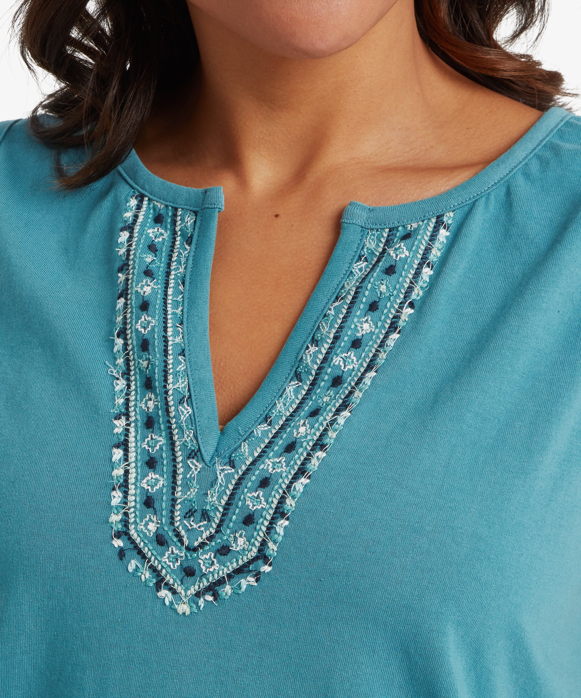Close‑up view of a turquoise sleeveless top featuring an intricately embroidered split‑neck design. The embroidery includes layered threadwork in light and dark blue tones, forming a detailed V‑shaped pattern with small geometric accents. The lightweight knit fabric drapes smoothly across the upper chest and shoulders.