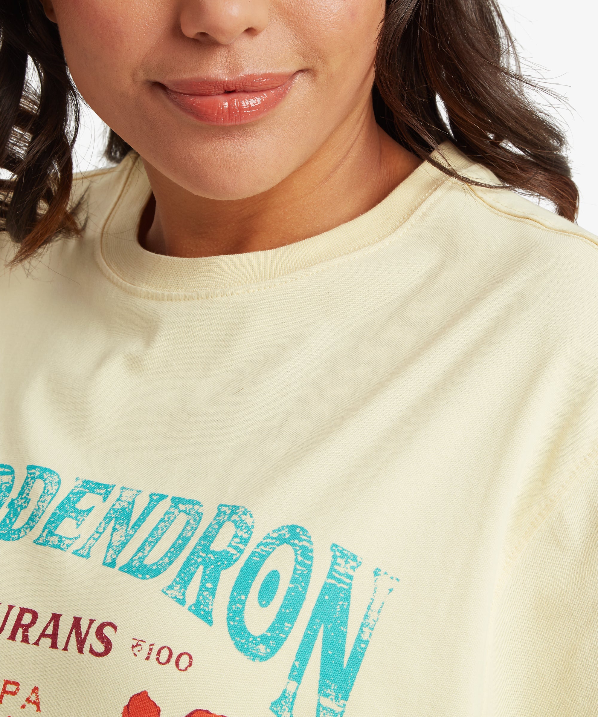 Nahaufnahme des cremefarbenen T-Shirt-Ausschnitts und der Grafik auf der Brust, die tŸrkisfarbenen und blauen Text mit roter Blumenillustration und einen weichen, gerippten Rundhalsausschnitt zeigt.