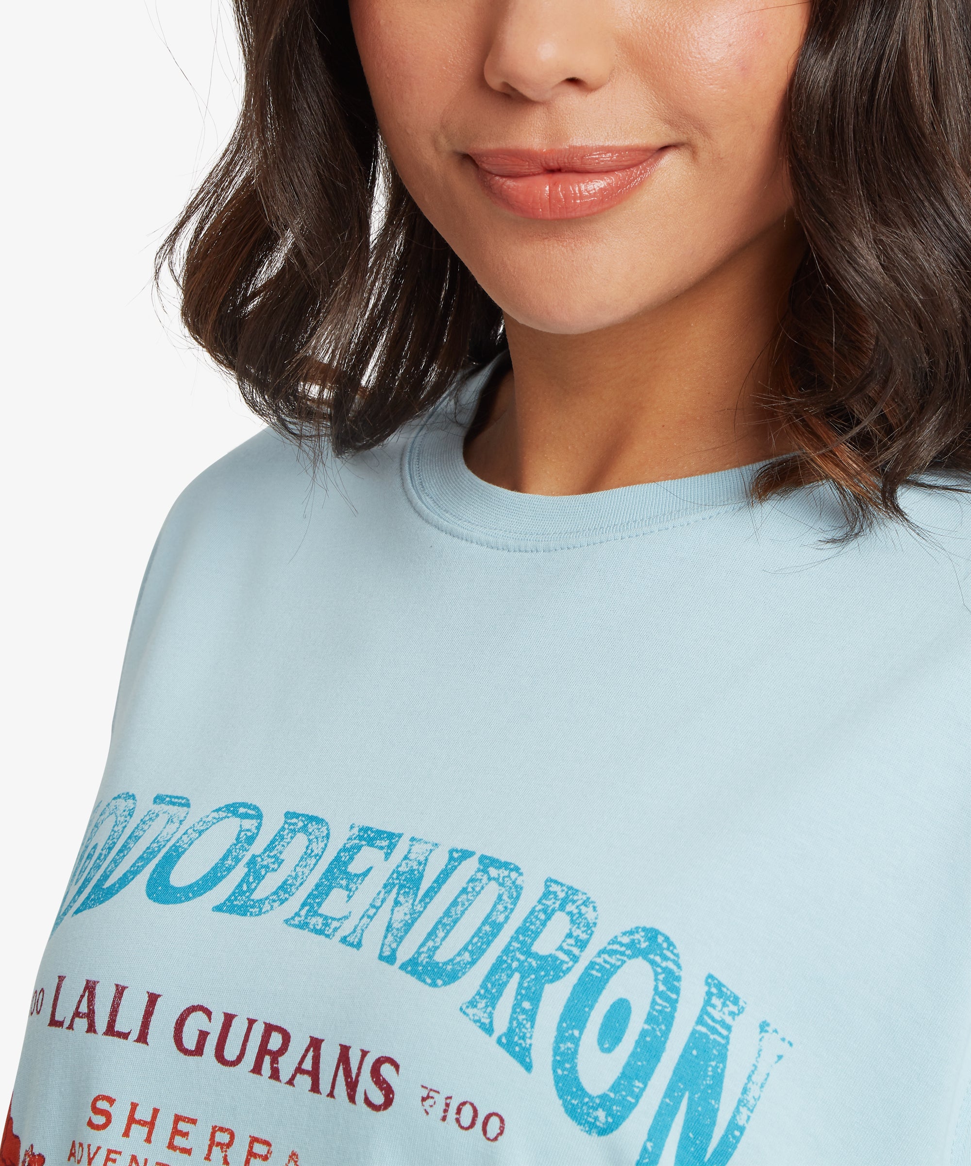 Nahaufnahme des hellblauen T-Shirts mit geripptem Rundhalsausschnitt und einem Teil des Brustmotivs mit tŸrkisfarbener Schrift und roter Blumenillustration.