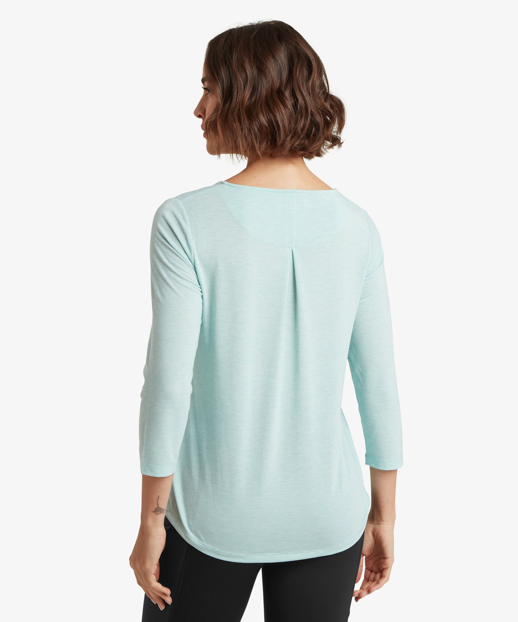 Asha 3 quarter sleeve top in light mist, back view with subtle pleating