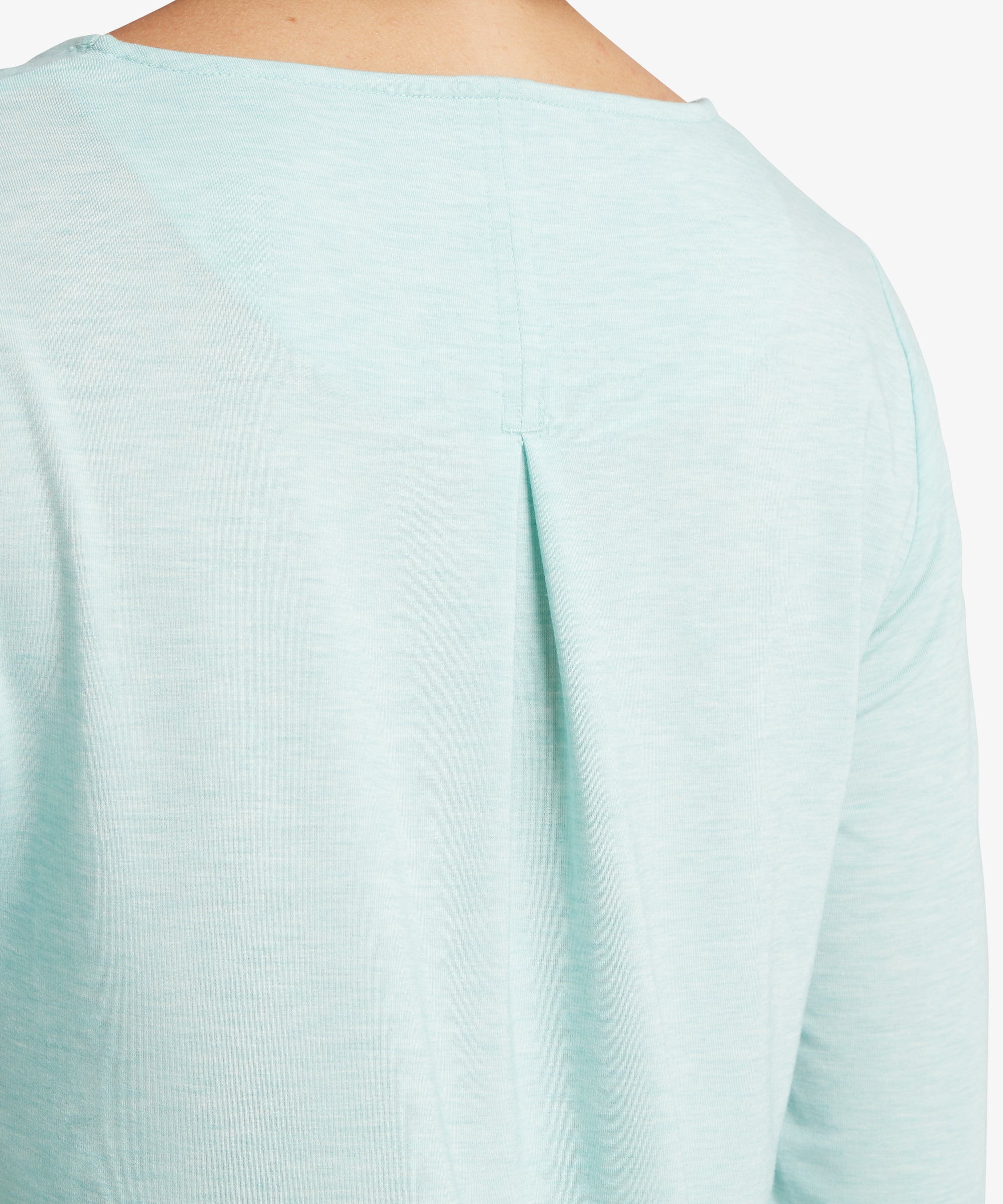 Back view of Asha 3 quarter sleeve top in light mist with pleated detail