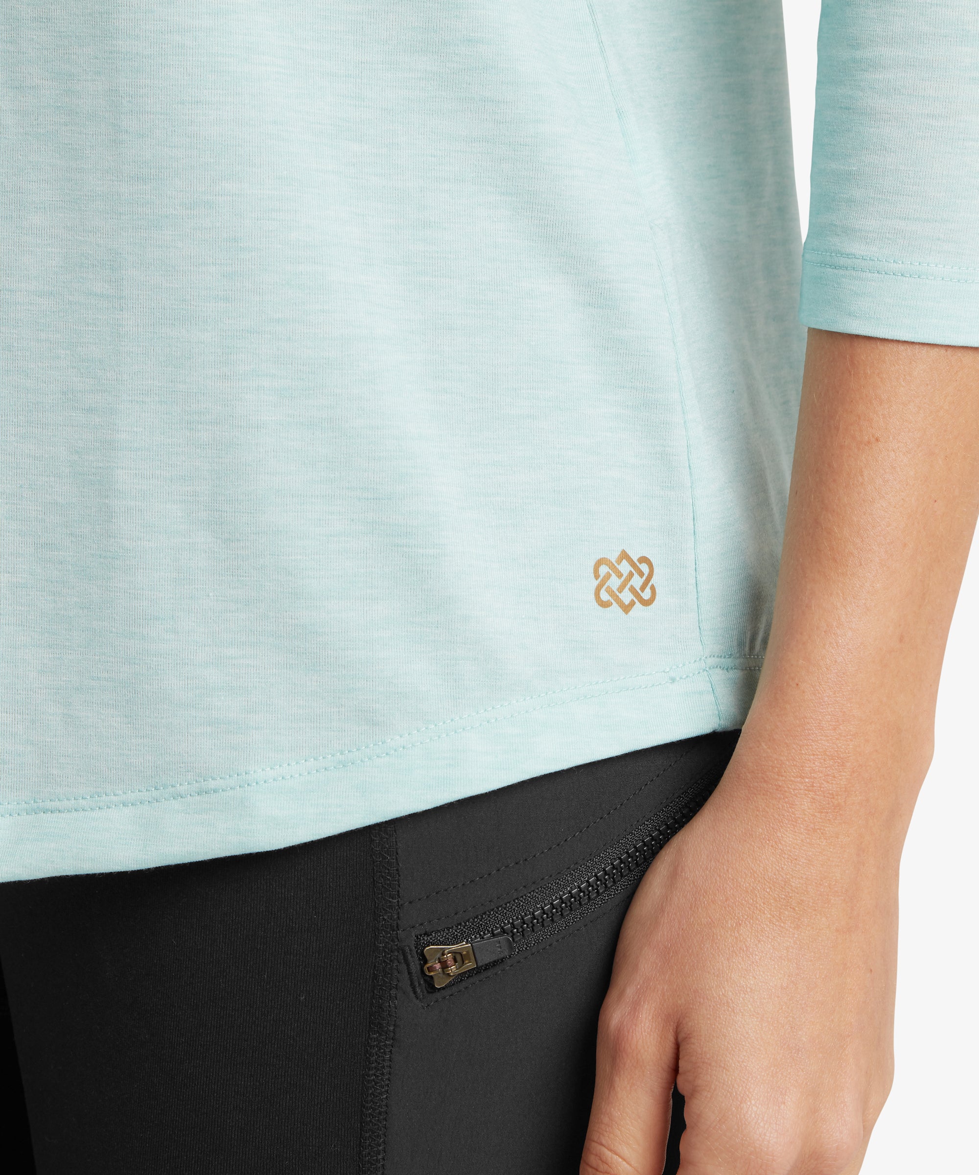 Asha 3 quarter sleeve top in light mist, light blue ribbed knit with gold logo