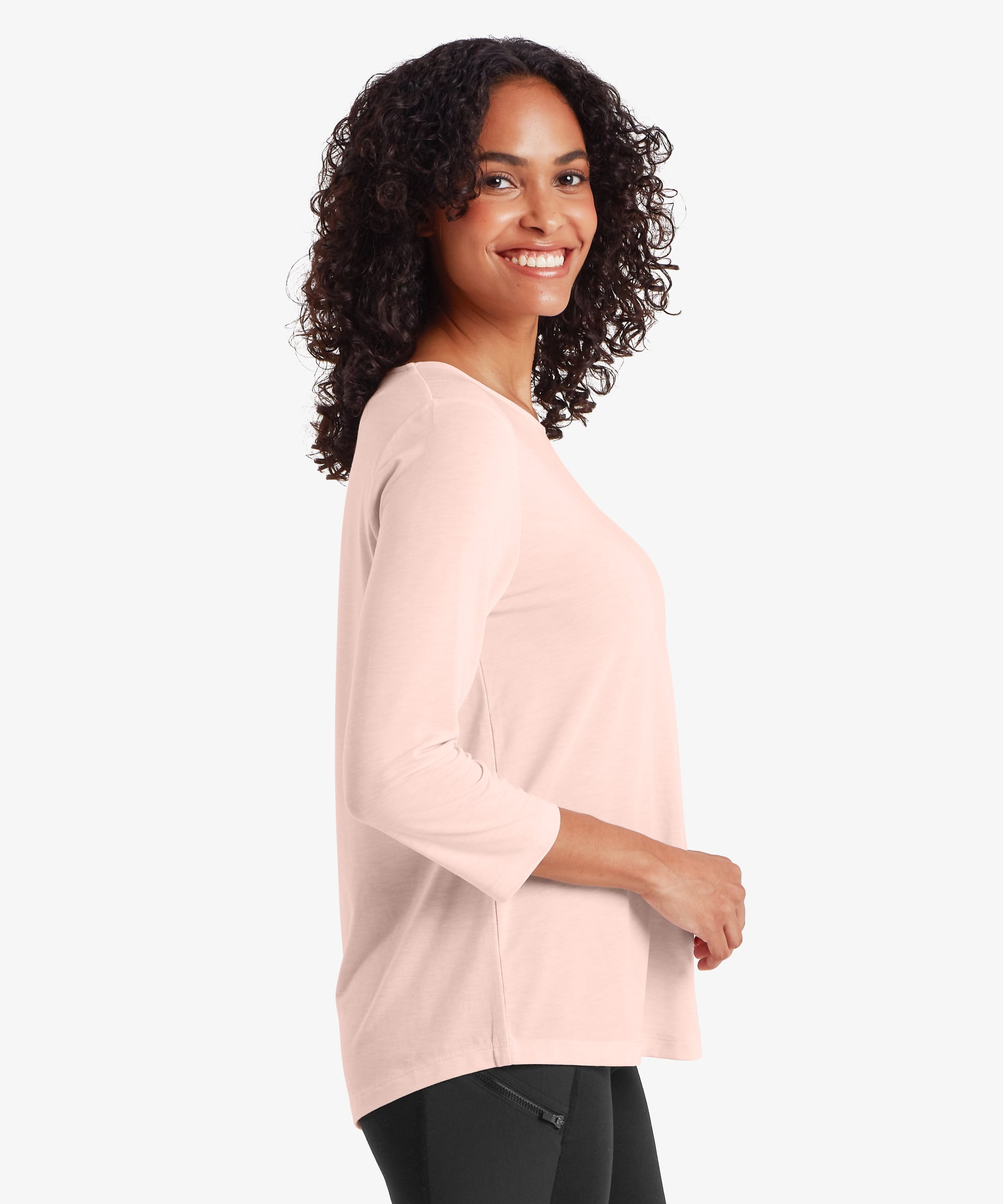 Asha 3 quarter sleeve top in light rose gold, soft pale pink relaxed fit with side slits