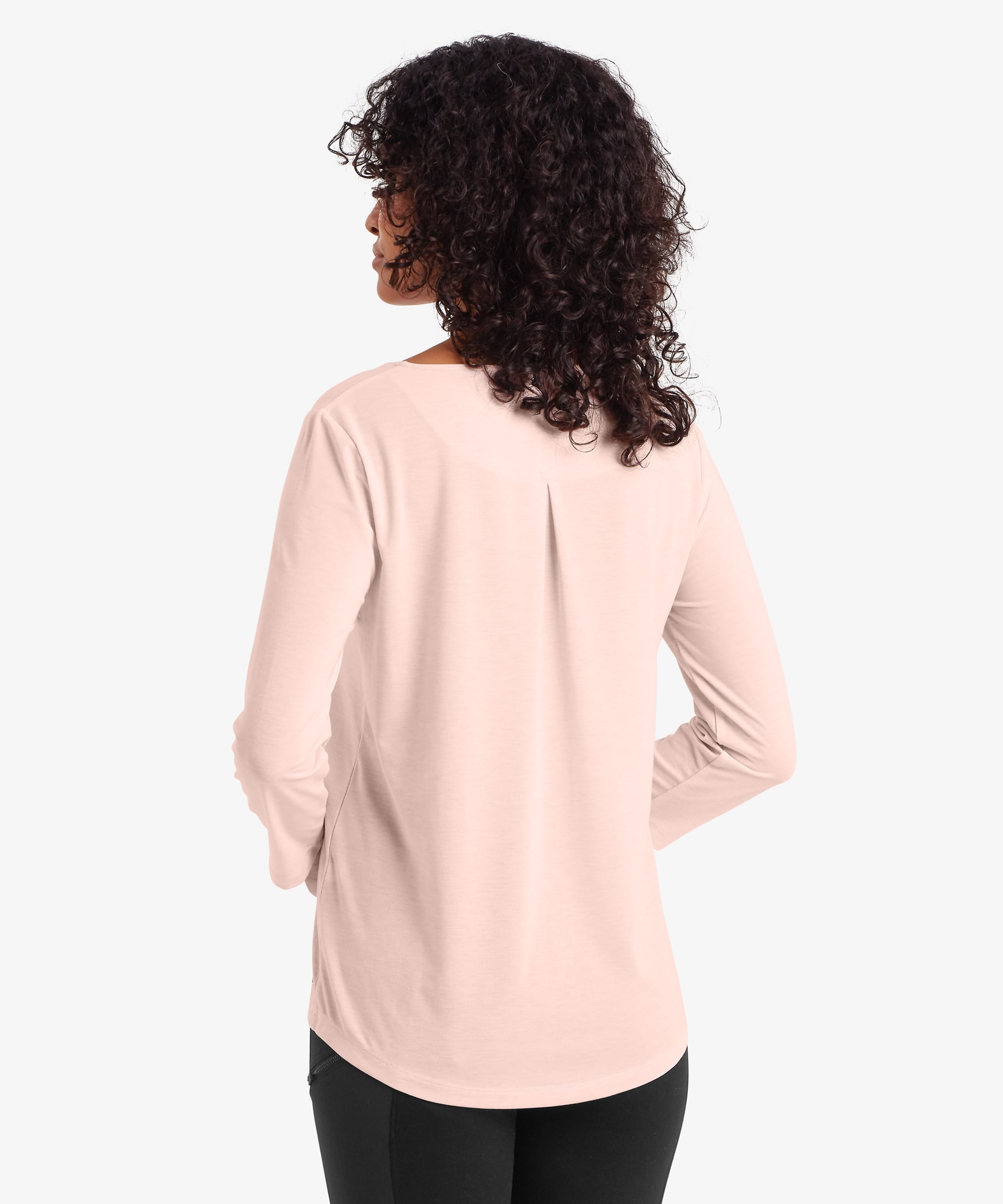 Asha 3 quarter sleeve top in light rose gold, back view with pleats