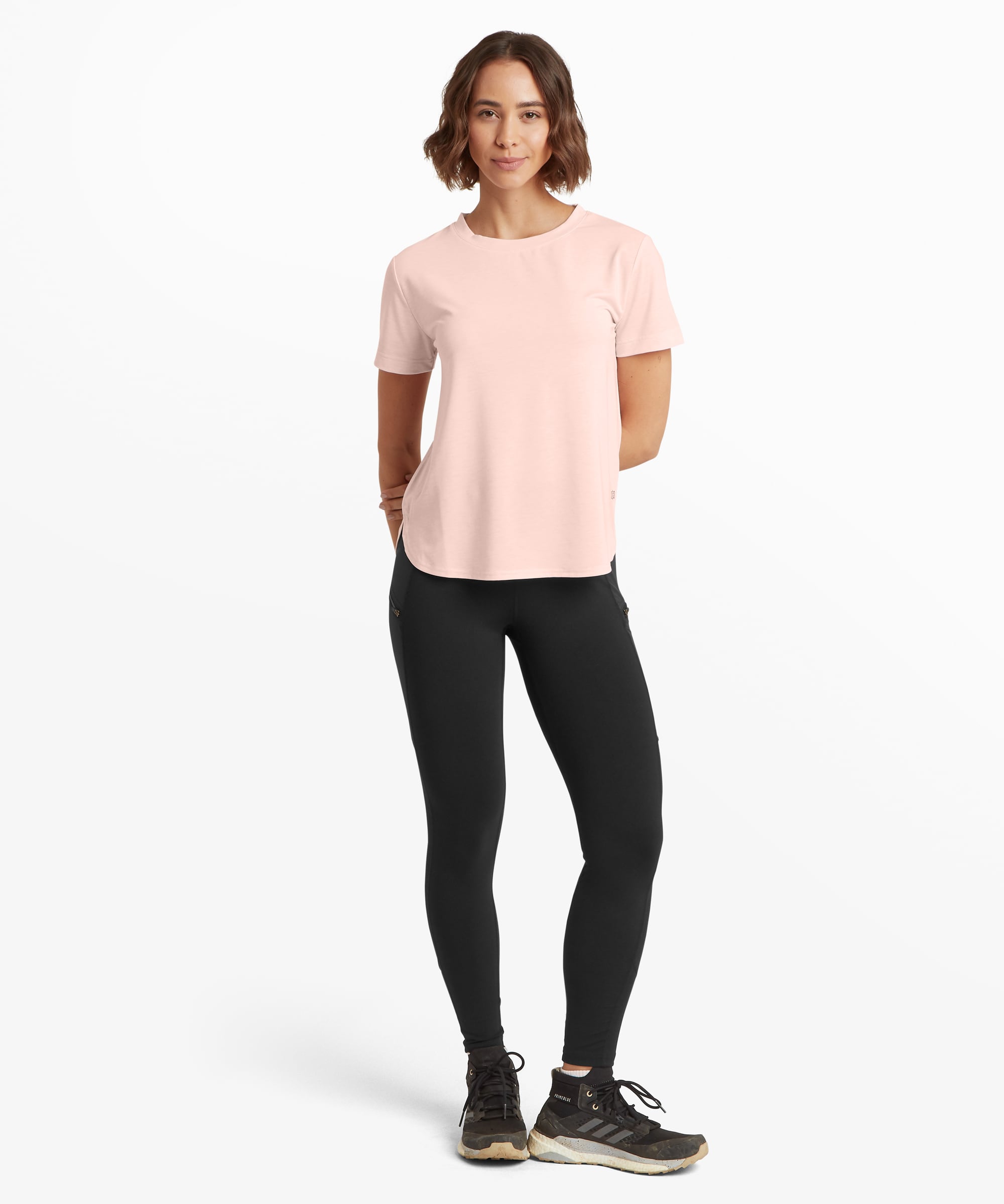 Woman in Asha Crew Light Rose Gold t-shirt relaxed fit