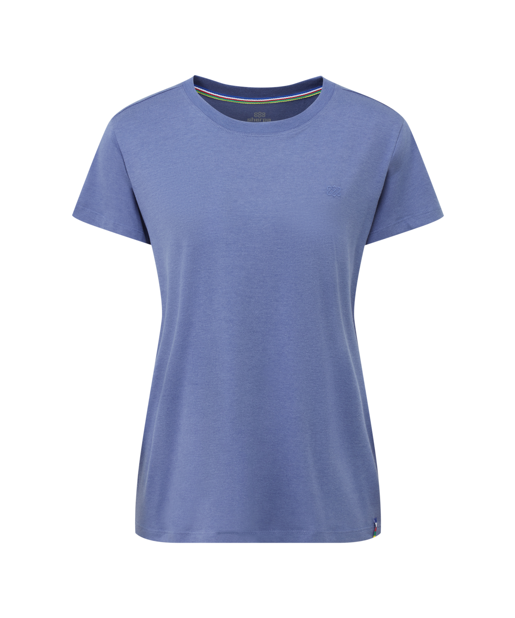 Women's blue crew neck t-shirt on a white background