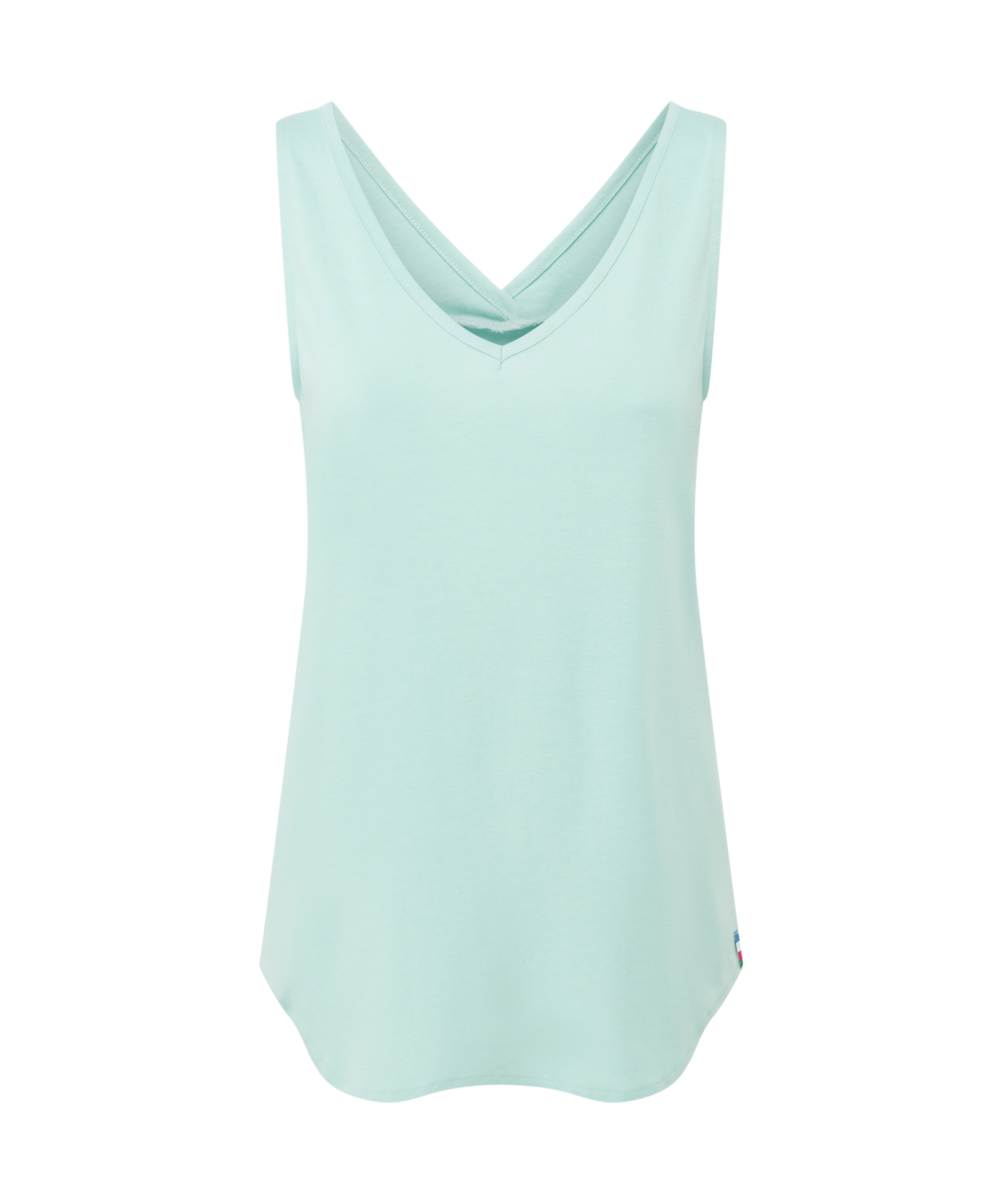 Women's light blue, V-neck sleeveless top on a white background