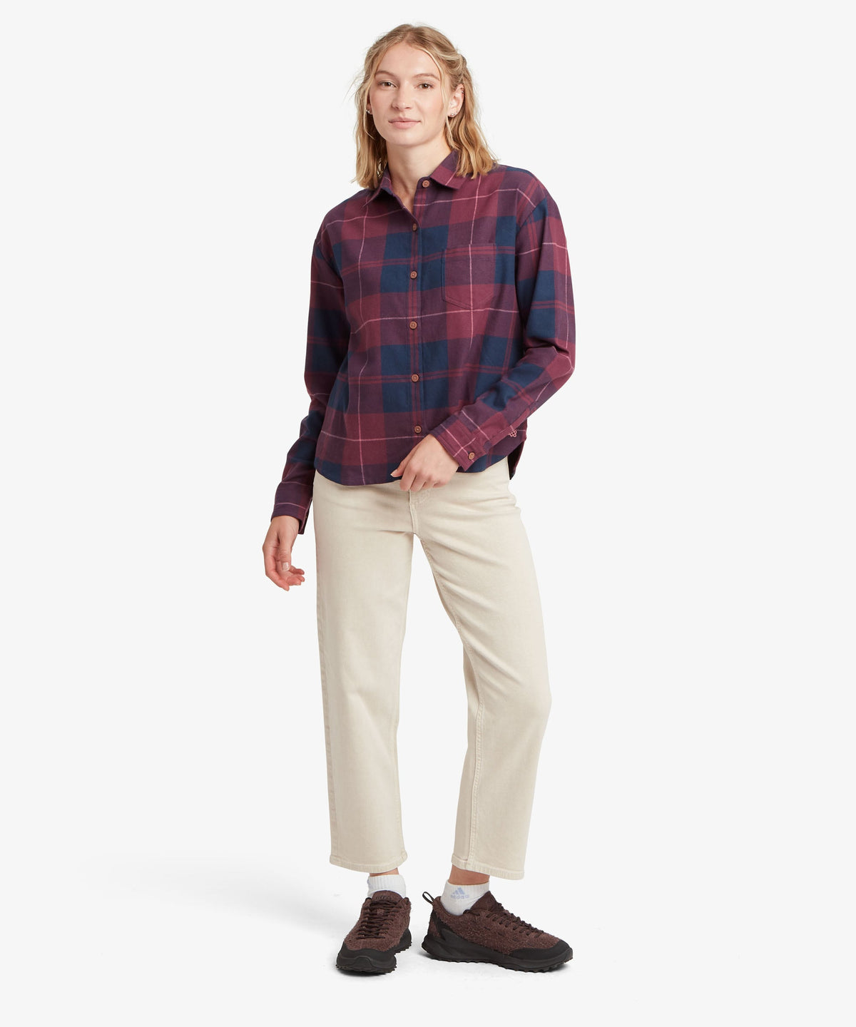 Sherpa Adventure Gear Beeja Long Sleeve Shirt in purple and navy check.