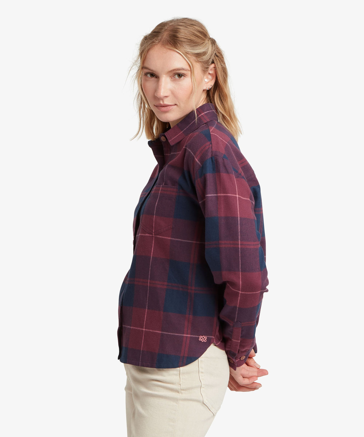 Sherpa Adventure Gear Beeja Long Sleeve Shirt in purple and navy check against a white studio.