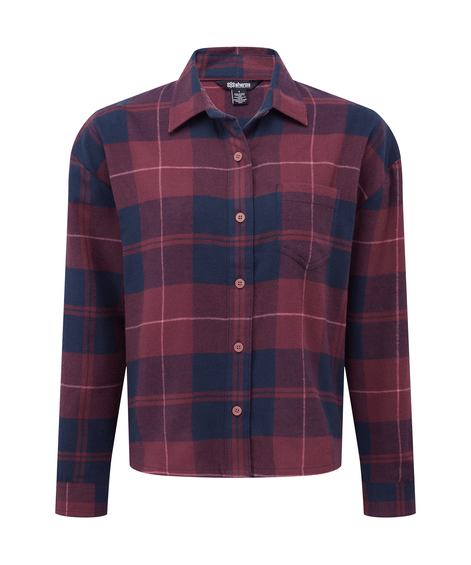 Front view of a women's Sherpa Adventure Gear long-sleeve button-up shirt in deep red plaid. Features a classic collar, button-front closure, chest pocket, and a versatile casual silhouette.