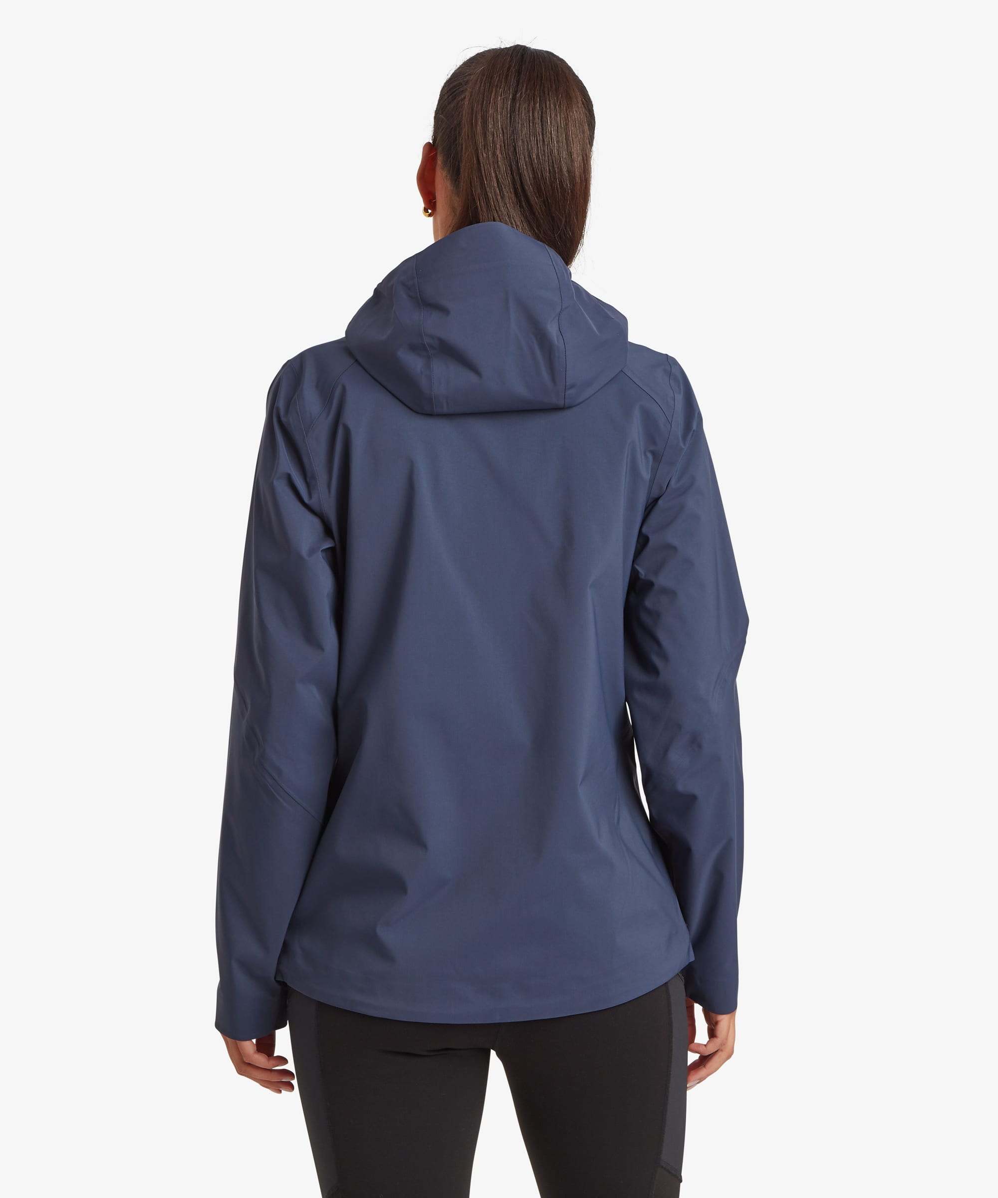 Back view of a woman wearing a blue waterproof three-layer shell jacket featuring an adjustable hood, long sleeves, and a streamlined outdoor-ready design.