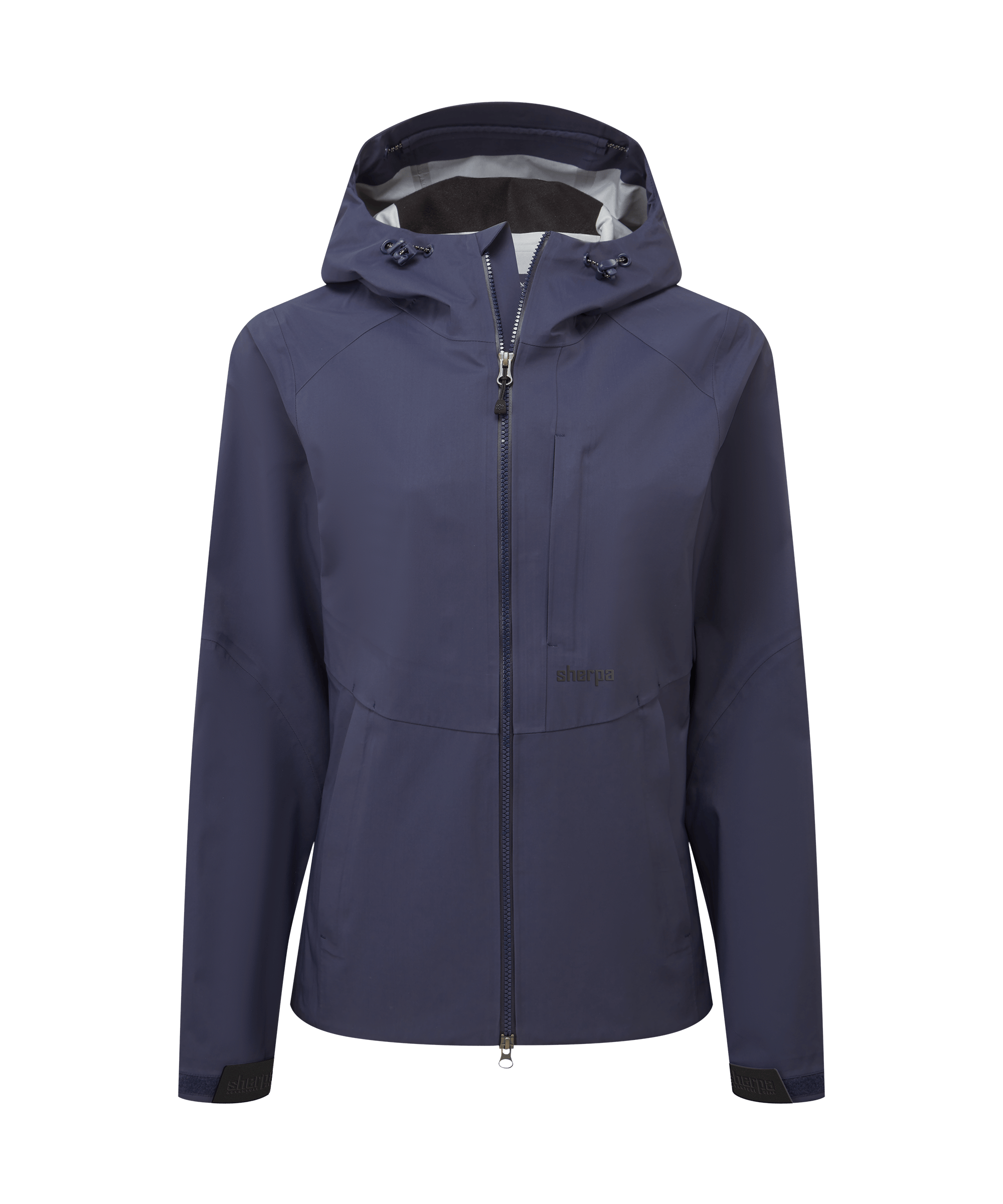 Front view of a women's Sherpa Adventure Gear waterproof hooded jacket in navy blue. Features a full-zip front, adjustable hood, zippered hand pockets, and a streamlined outdoor-ready design.