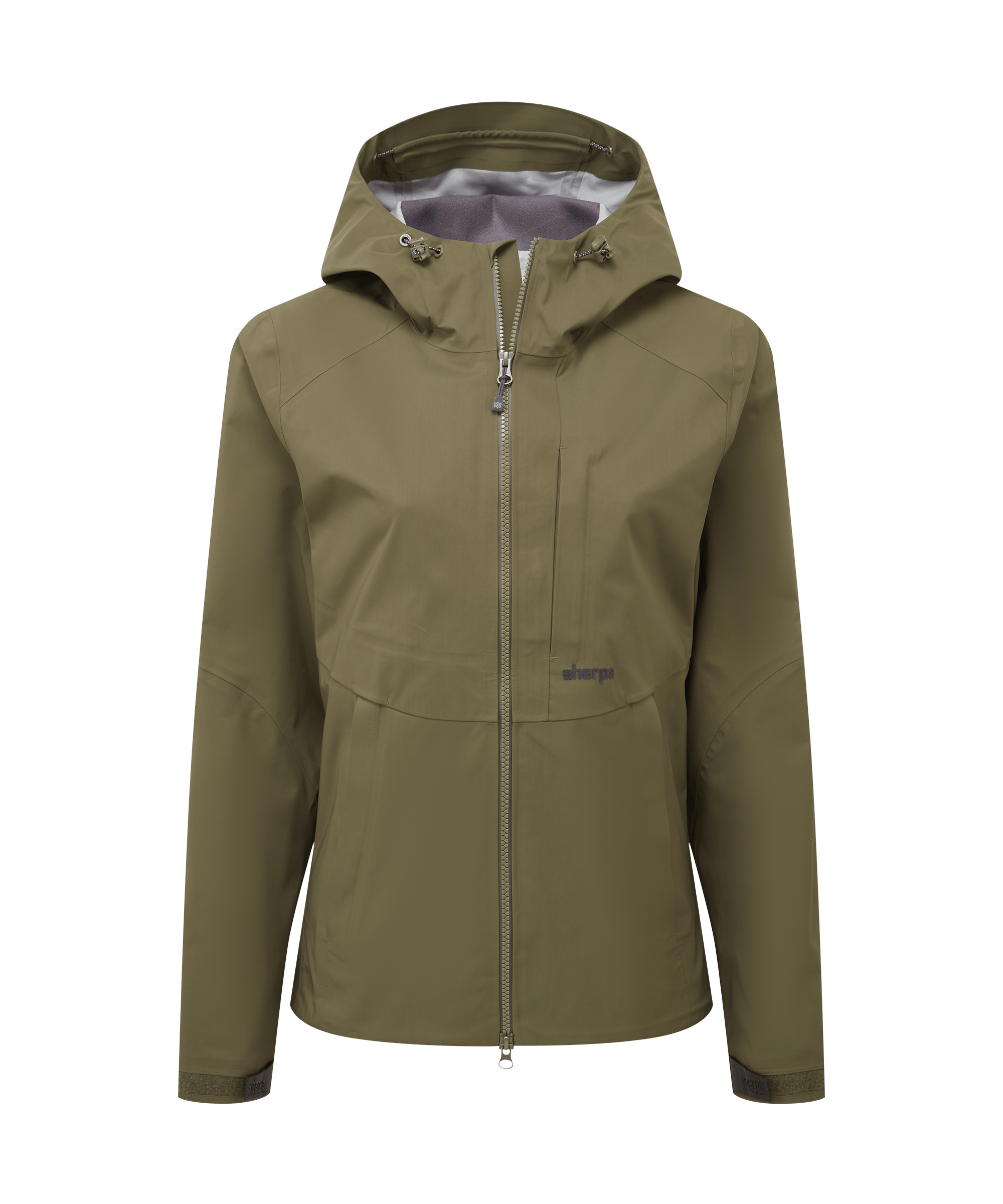 Front view of a women's Sherpa Adventure Gear waterproof hooded jacket in olive green. Features a full-zip closure, adjustable hood, zippered pockets, and a lightweight weather-resistant construction.