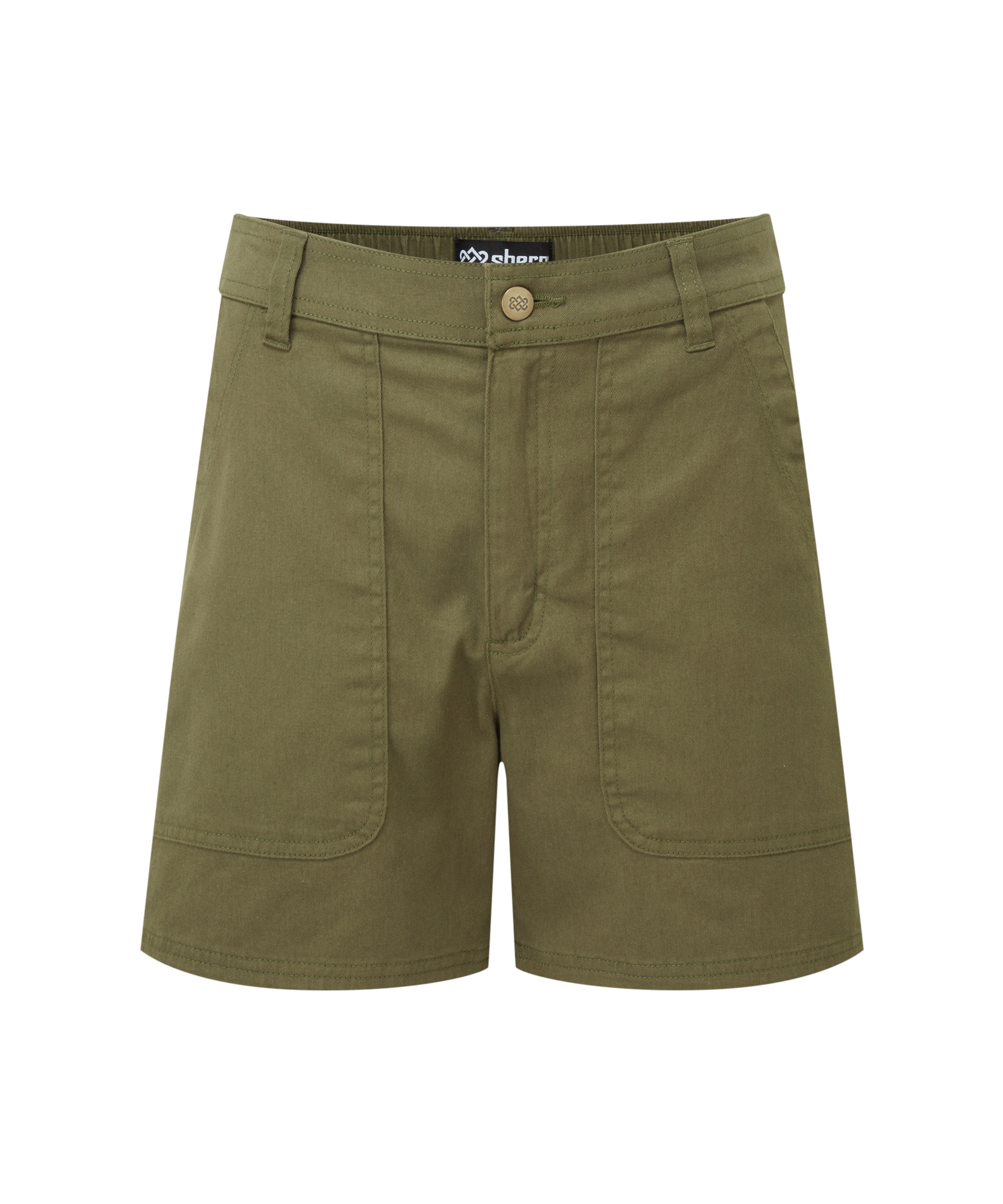 Green shorts with a visible brand label on a white background