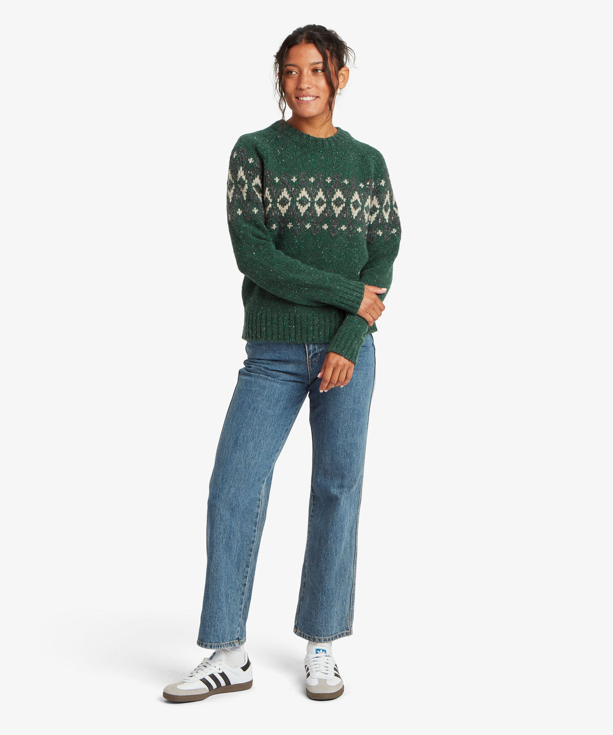 Sherpa Adventure Gear Dumji Sweater in green against a plain white studio background.