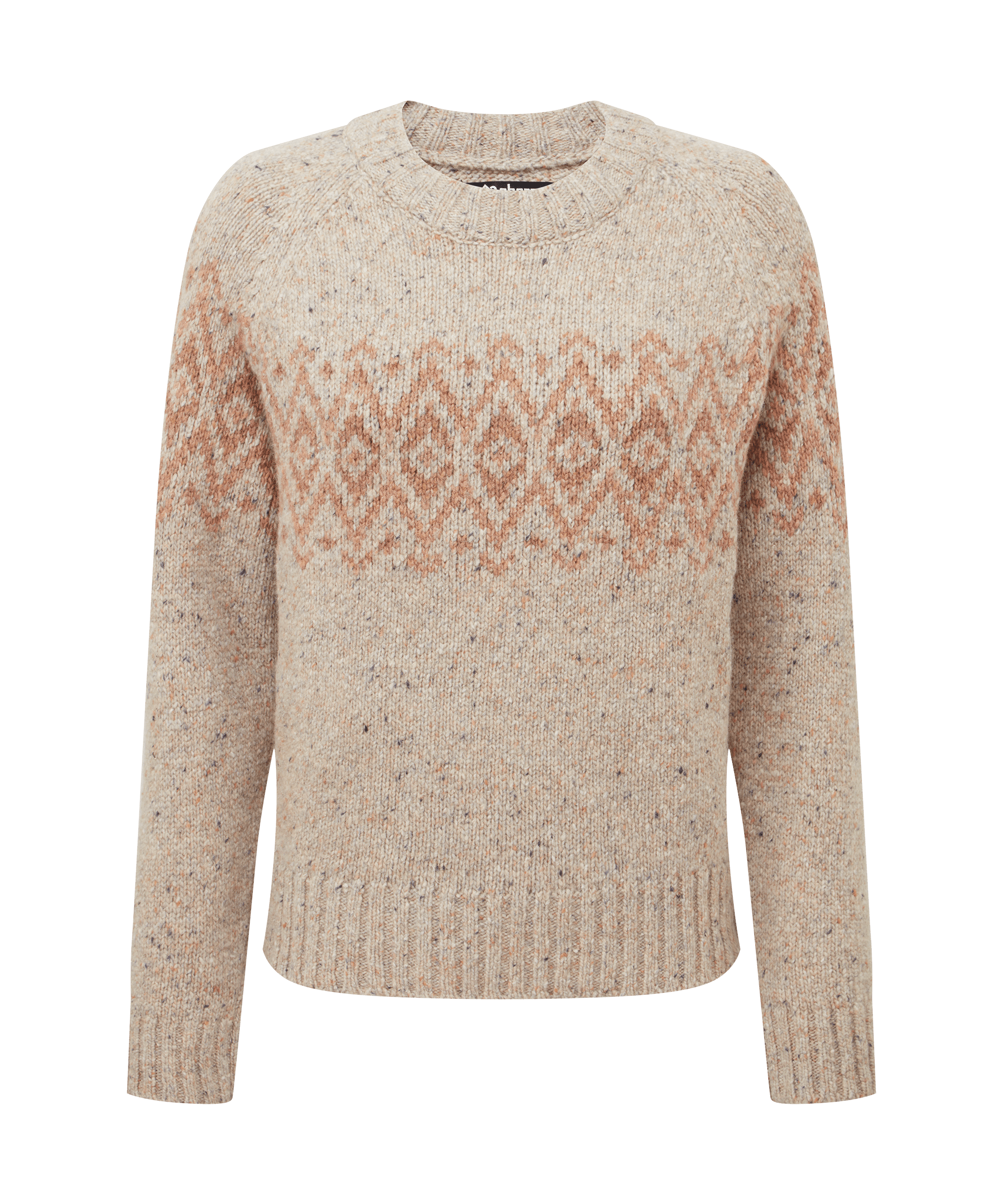 Front view of a women's Sherpa Adventure Gear knit sweater in cream white. Features a Fair Isle-inspired geometric pattern across the chest and shoulders, long sleeves, ribbed trim, and a cozy classic fit.