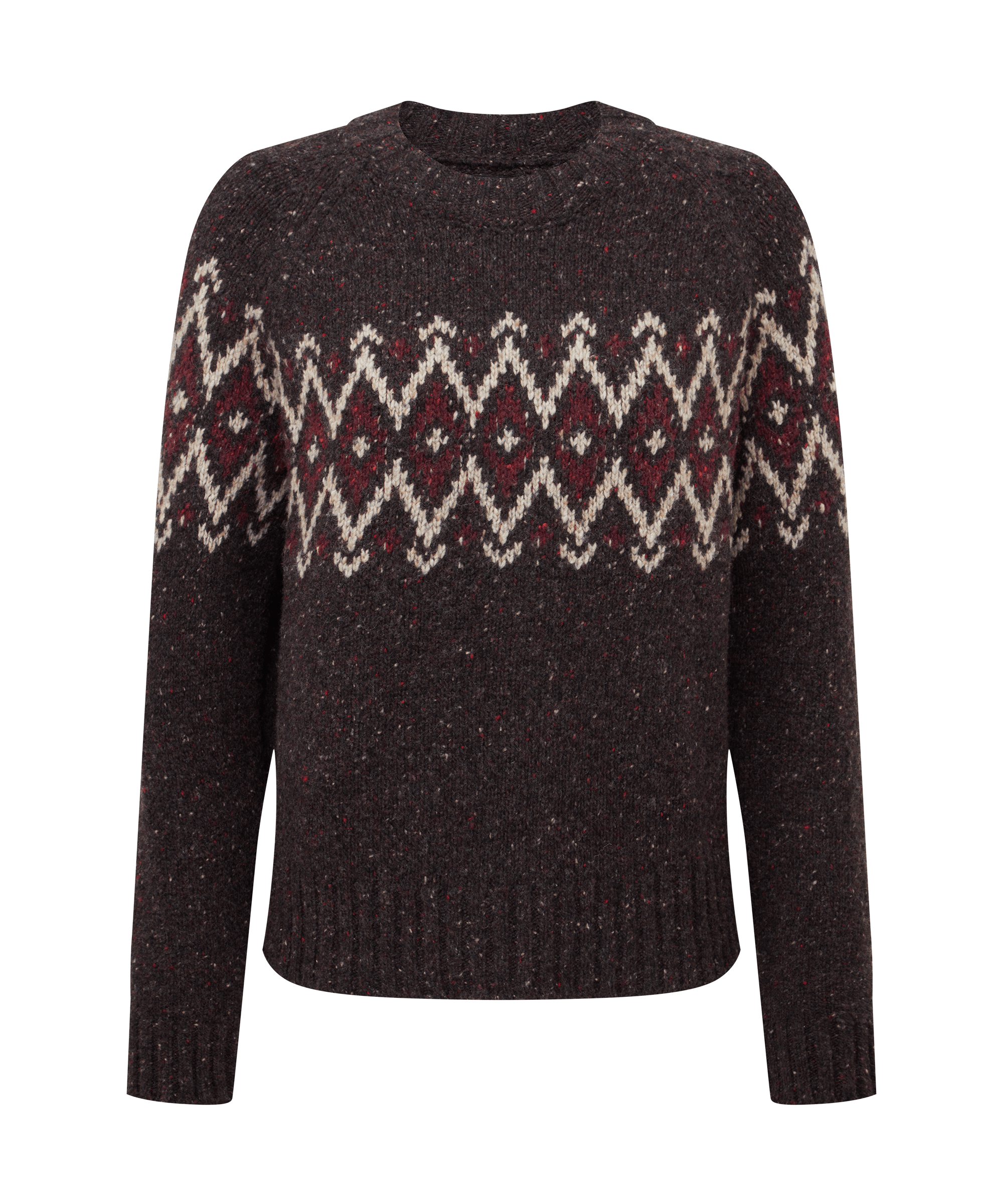 Front view of a women's Sherpa Adventure Gear knit sweater in charcoal black. Features a contrasting Fair Isle-style yoke pattern in cream and burgundy, long sleeves, and ribbed collar, cuffs, and hem.