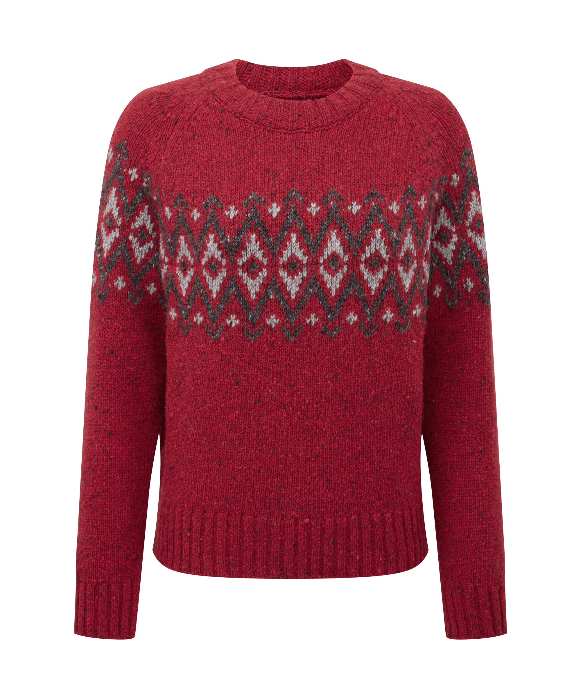 Front view of a women's Sherpa Adventure Gear knit sweater in rich red. Features a Nordic-inspired geometric yoke pattern, long sleeves, ribbed trim, and a comfortable regular fit.