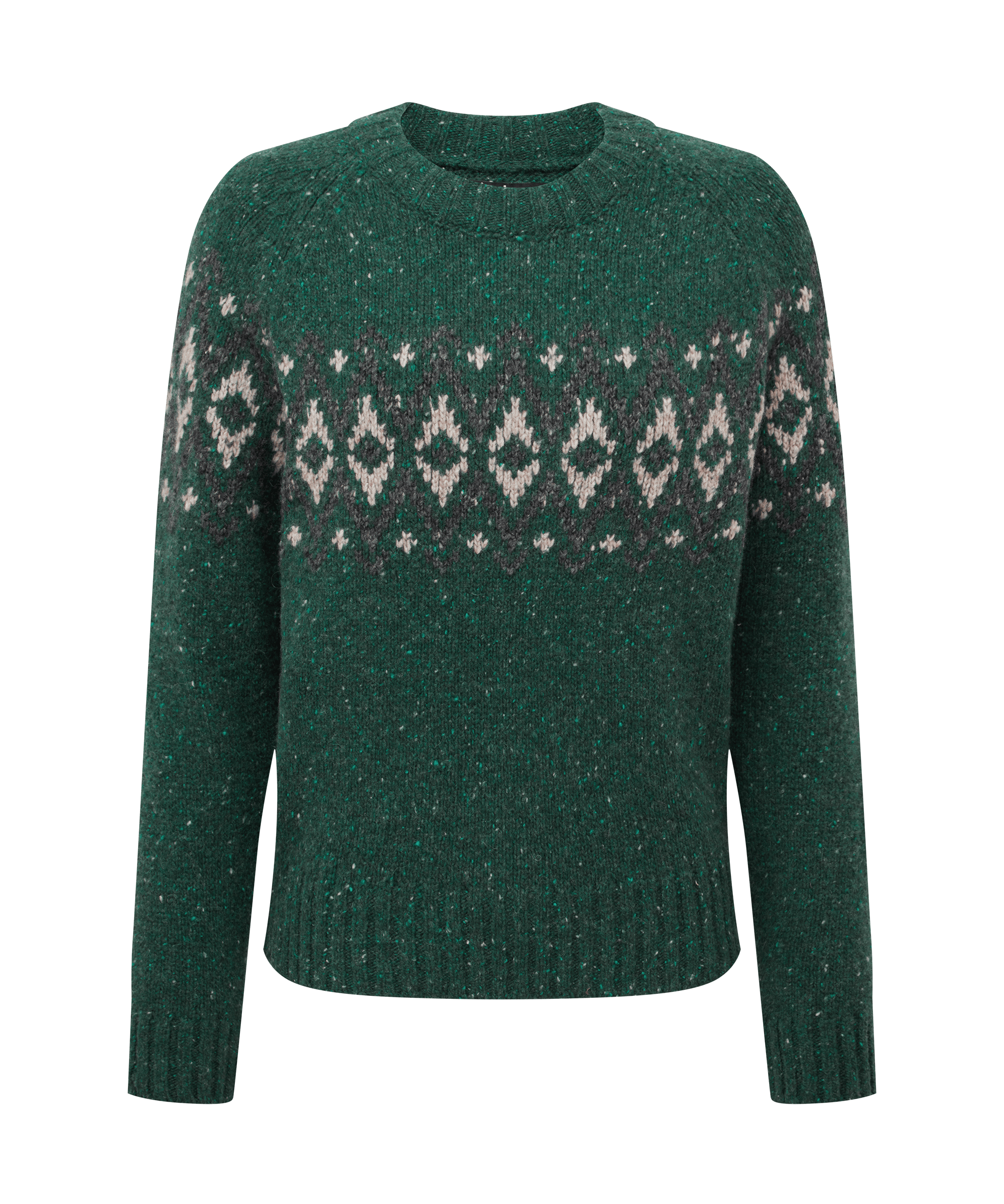 Front view of a women's Sherpa Adventure Gear knit sweater in forest green. Features a contrasting Fair Isle-style pattern across the upper chest and shoulders, long sleeves, and ribbed finishing details.