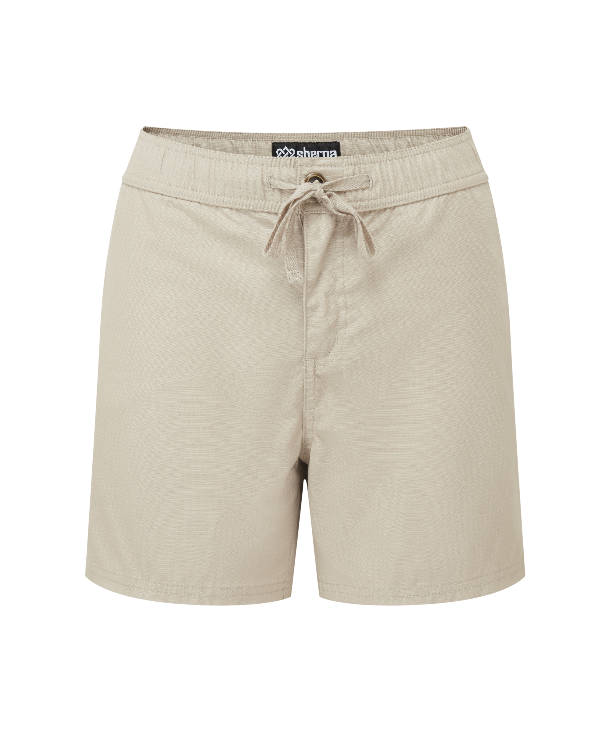 Beigefarbene Damen-Shorts mit Kordelzug auf wei§em Hintergrund