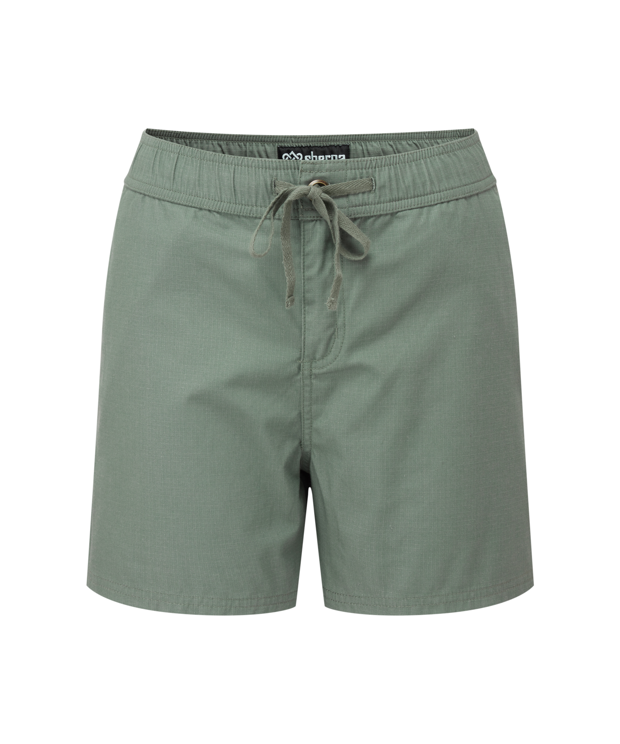 Green shorts with a drawstring on a white background