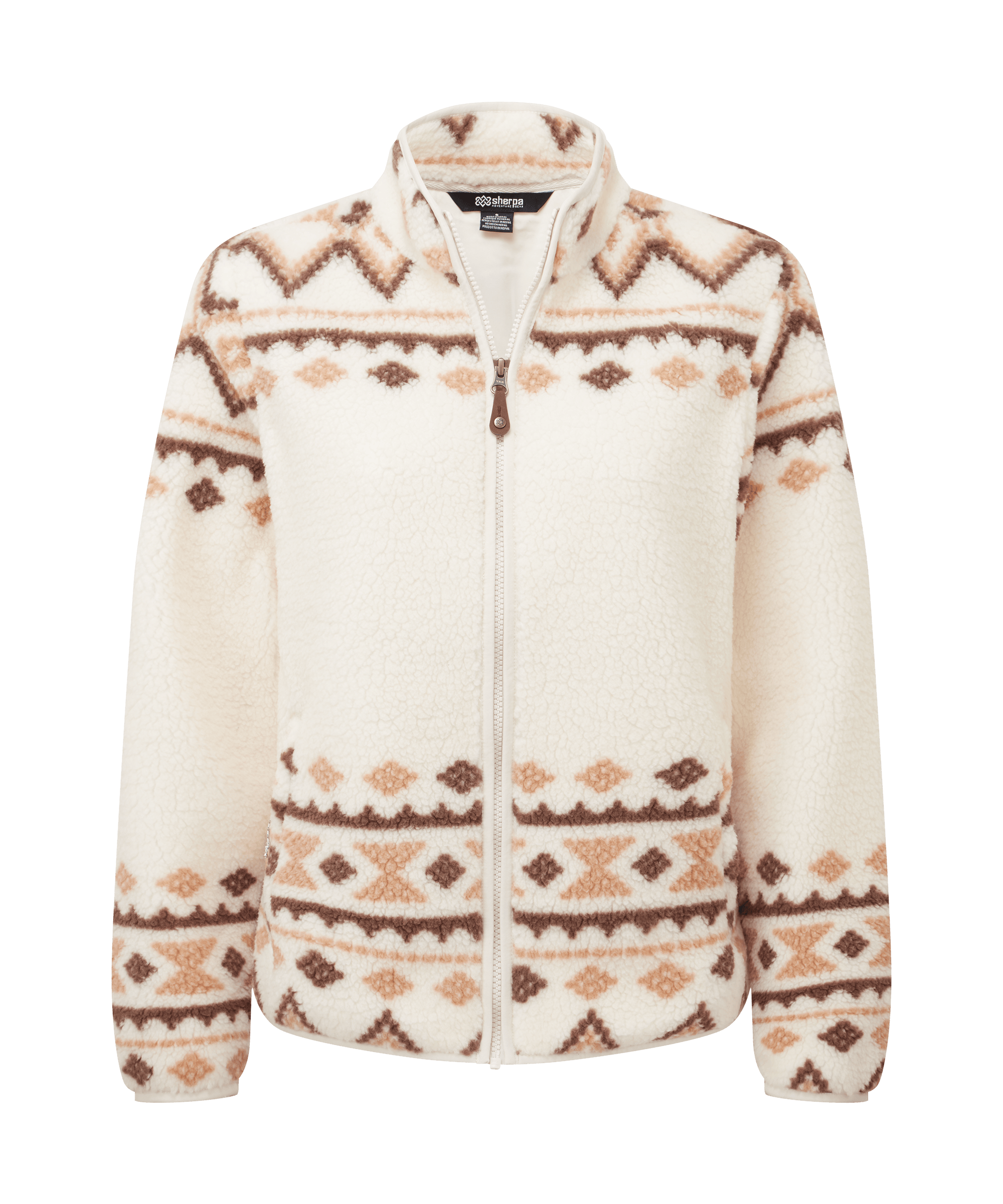 Front view of a women's Sherpa Adventure Gear full-zip fleece jacket in cream white. Features an all-over Nordic-inspired pattern in warm beige tones, a stand collar, zip-front closure, and side pockets.