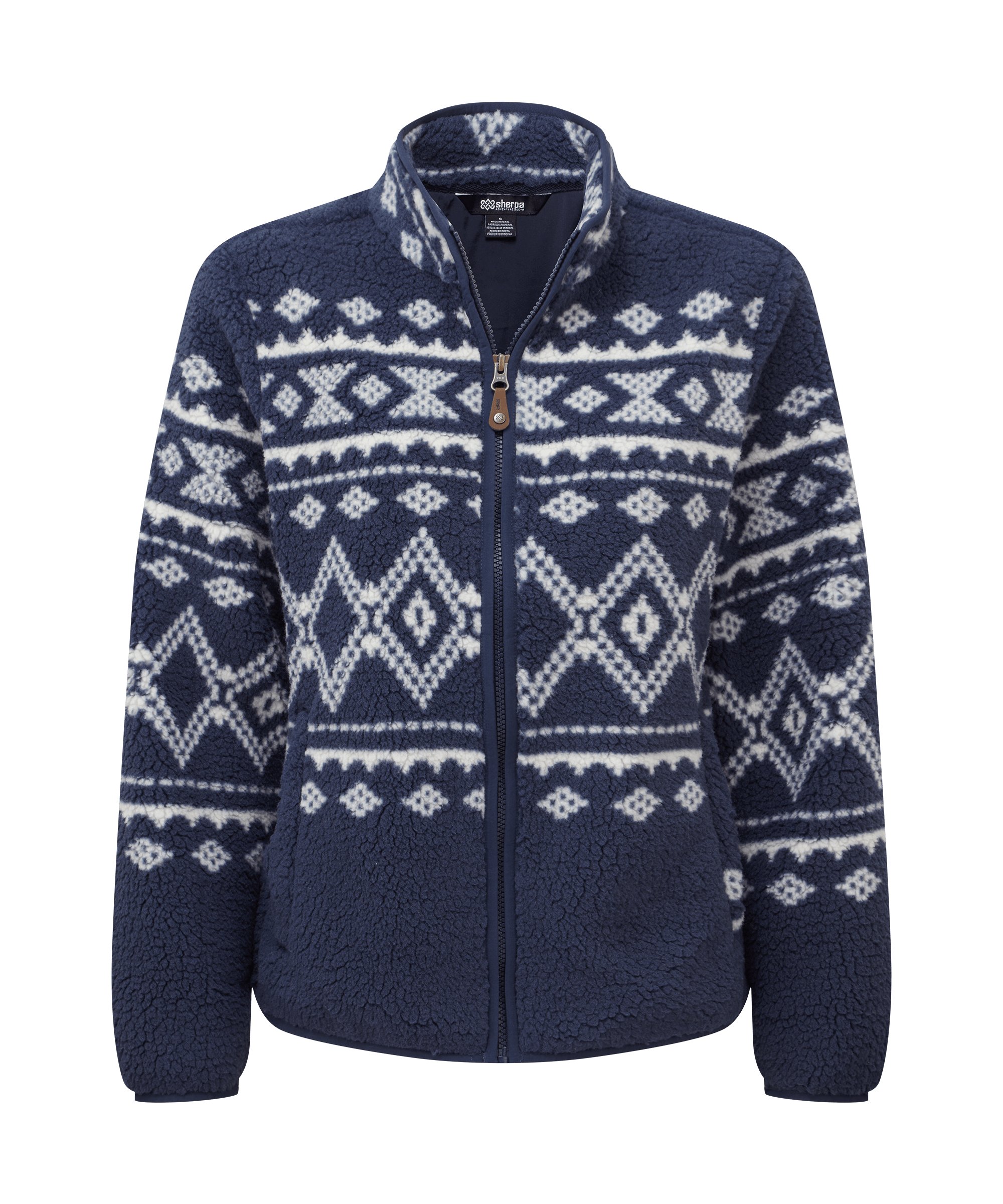 Front view of a women's Sherpa Adventure Gear full-zip fleece jacket in navy blue. Features a bold Fair Isle-inspired geometric pattern, stand collar, full-zip front, and a cozy fleece construction.