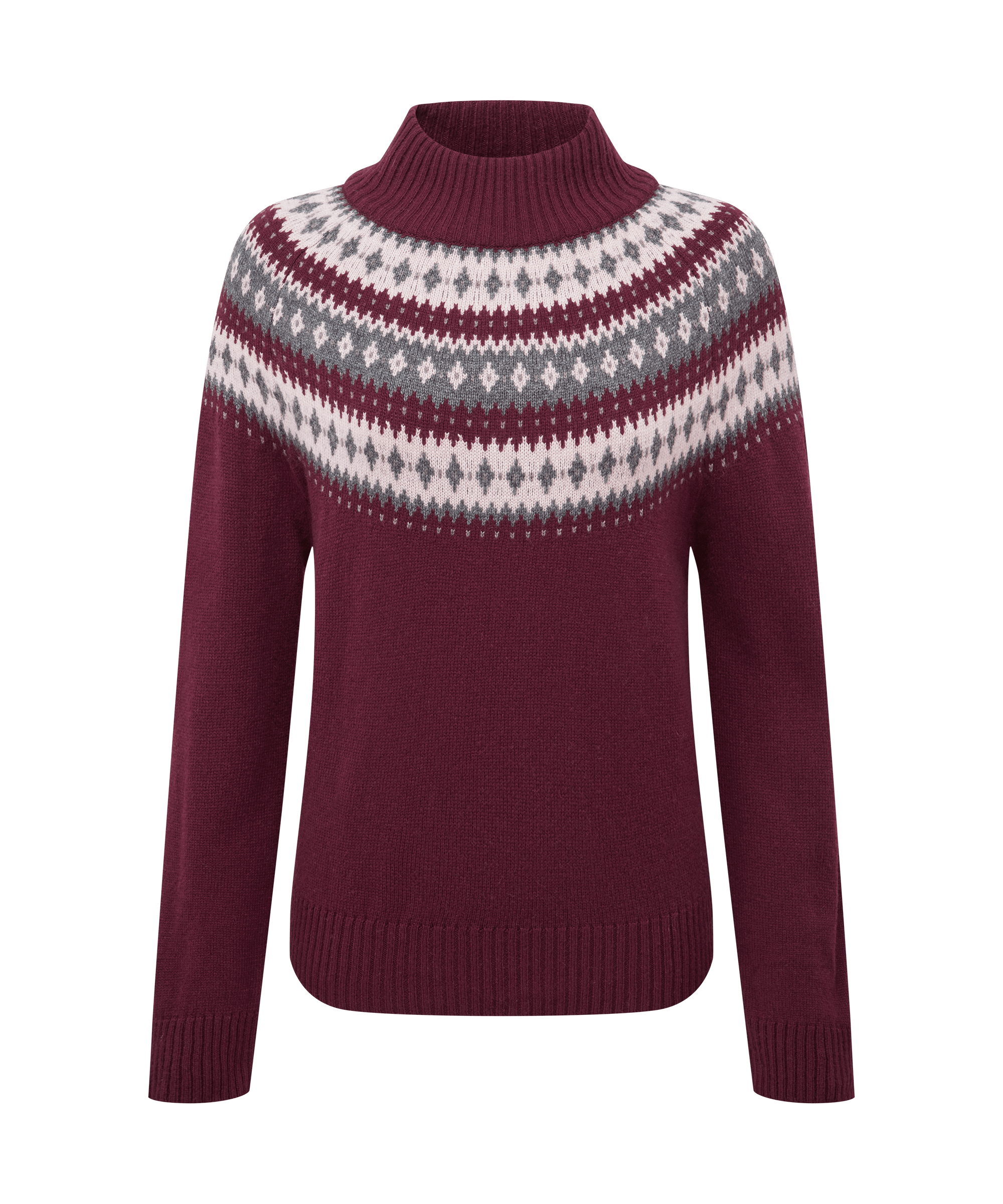 Maroon sweater with a patterned collar on a transparent background