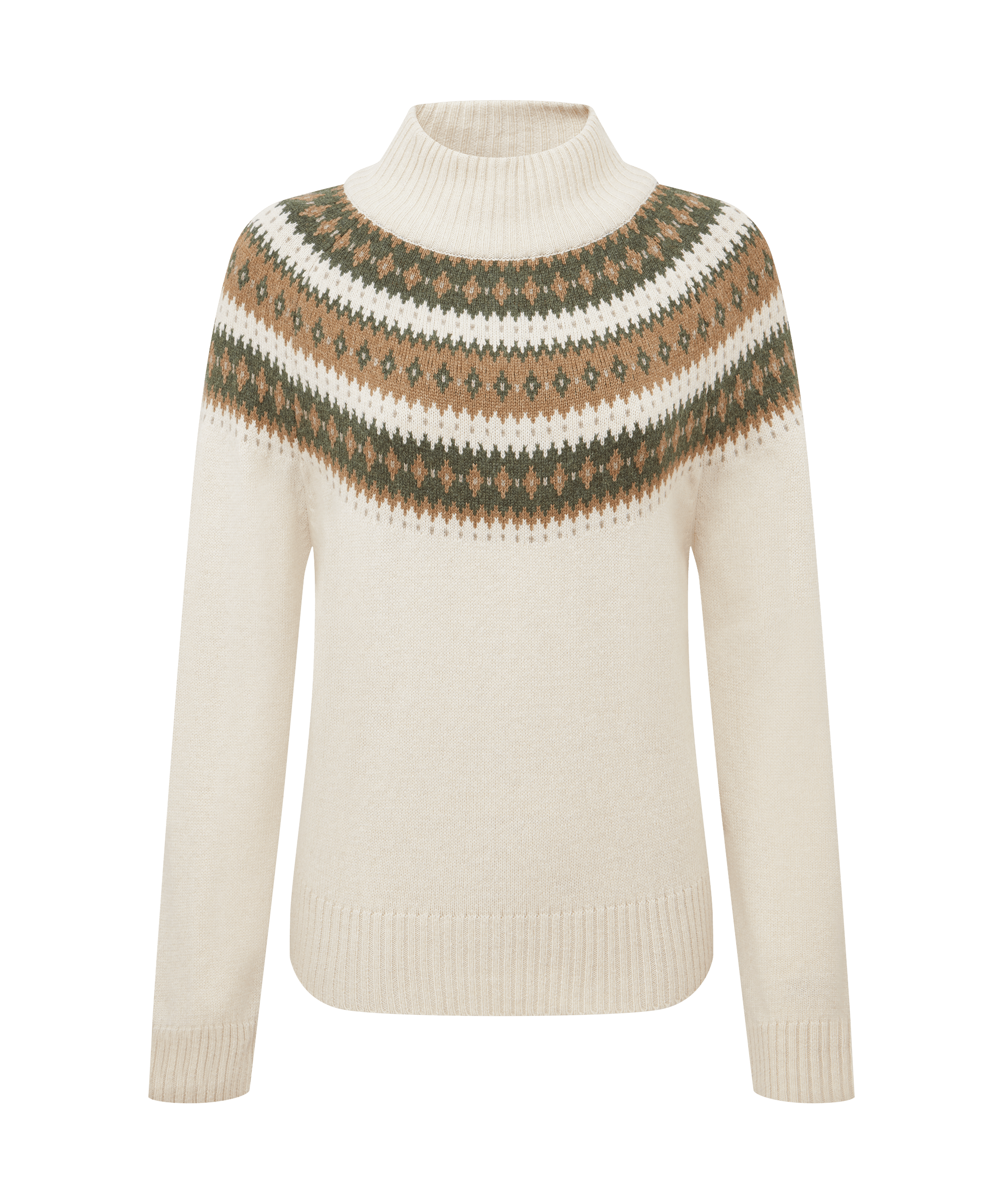 Front view of a women's Sherpa Adventure Gear mock-neck sweater in soft beige. Features a multicolor Nordic-inspired yoke pattern, rib-knit mock neck, long sleeves, and a refined classic fit.